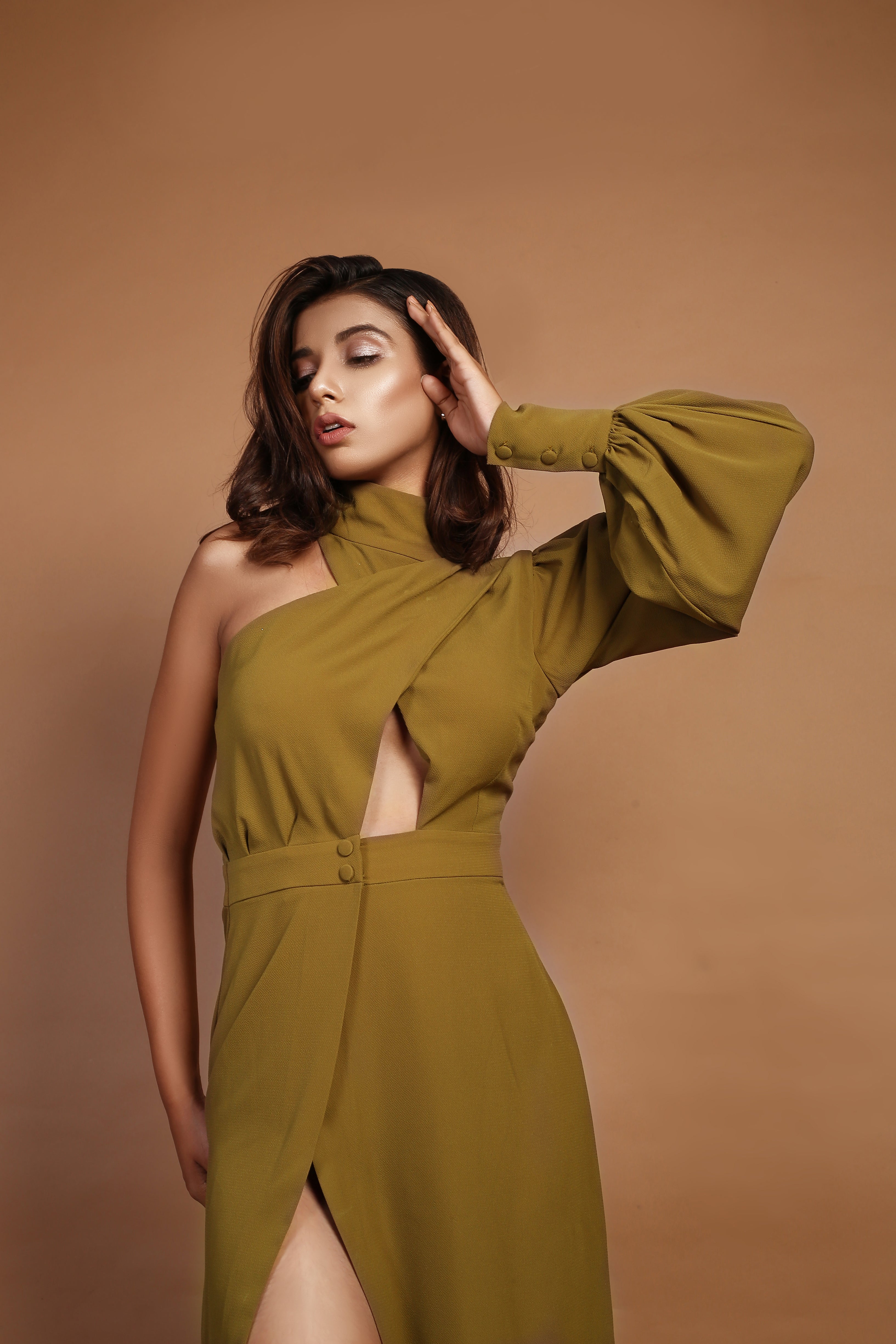 Olive Green Asym One Shoulder Maxi