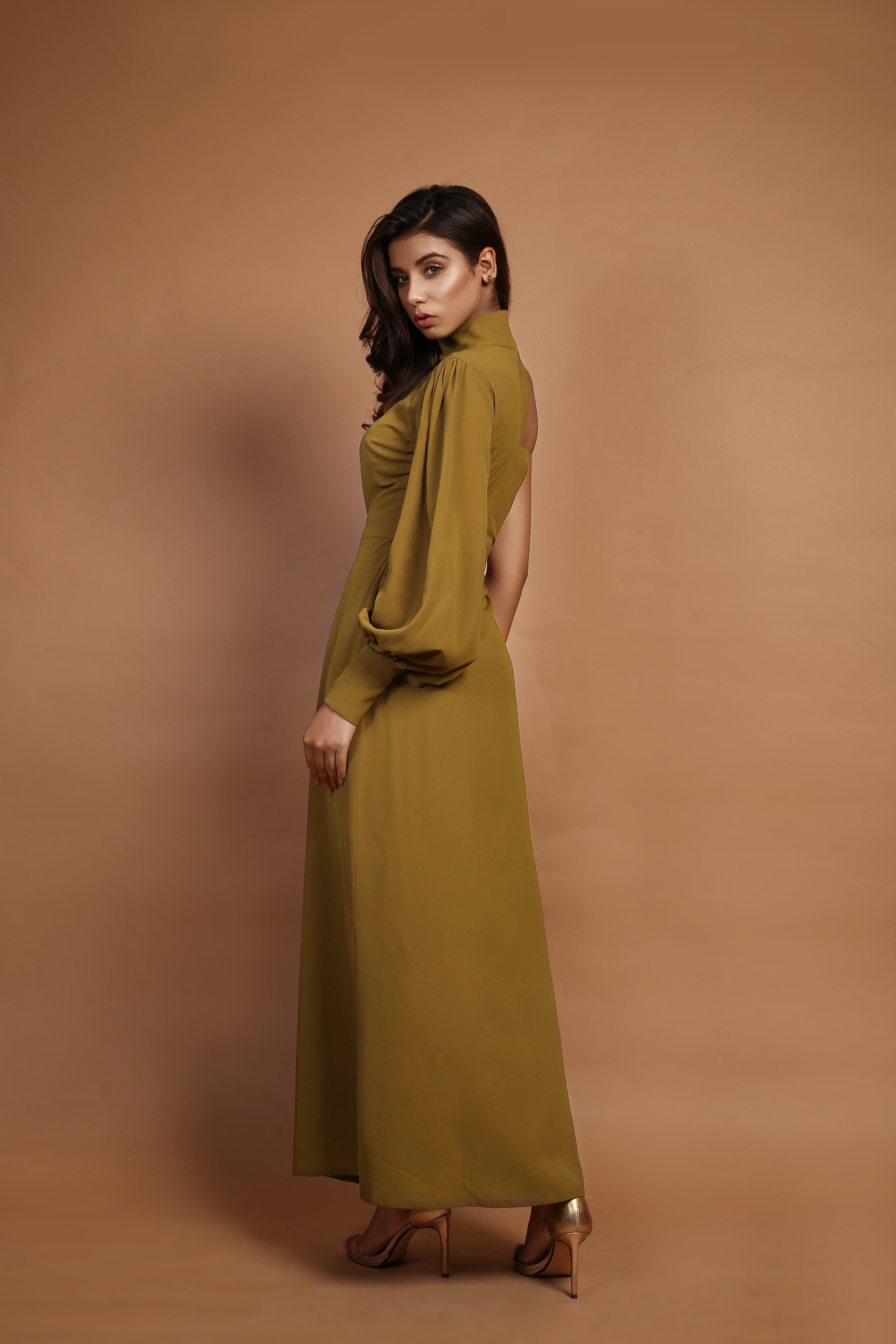 Olive Green Asym One Shoulder Maxi