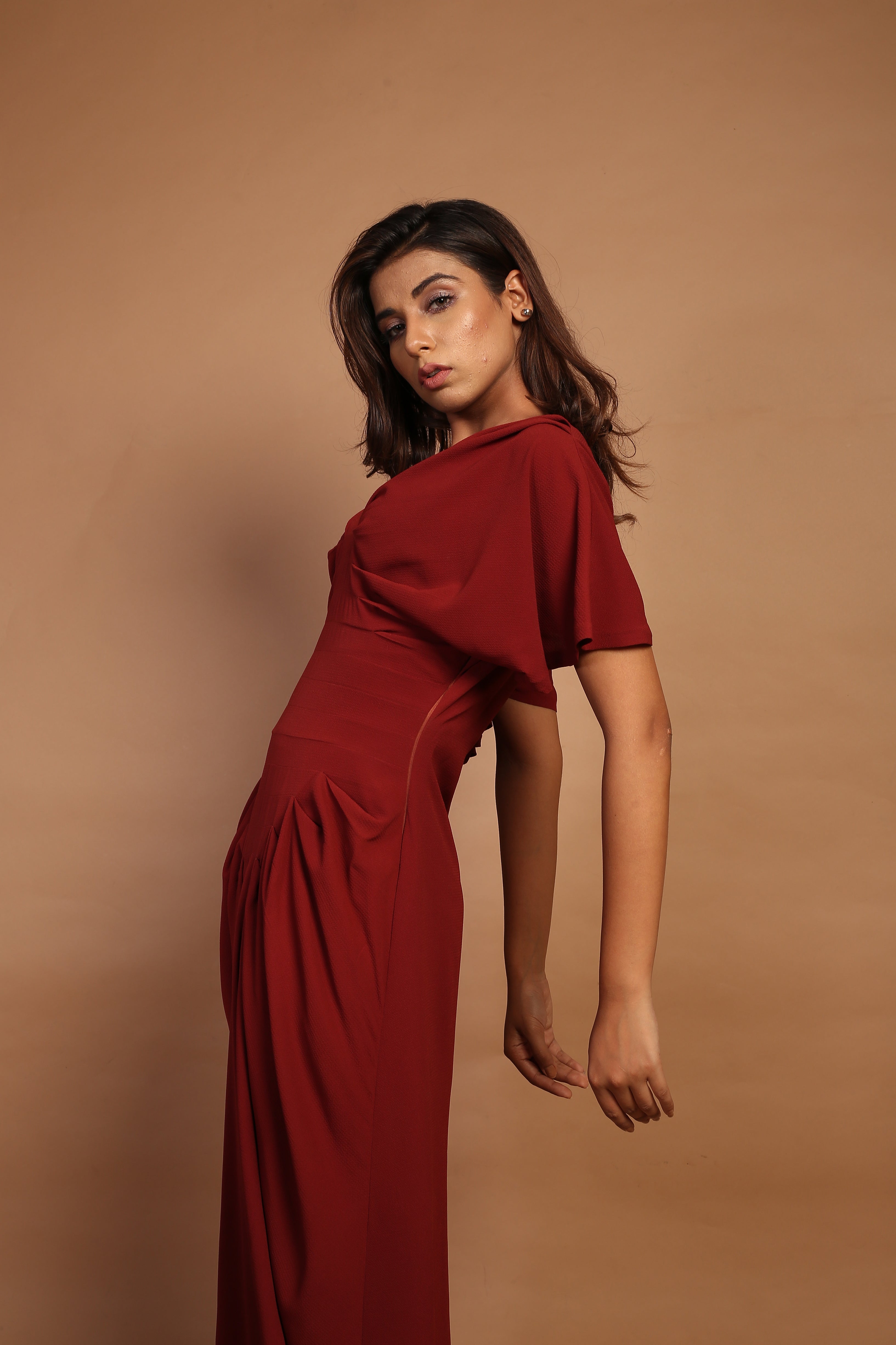 Brown Inverted Pleat Maxi Dress