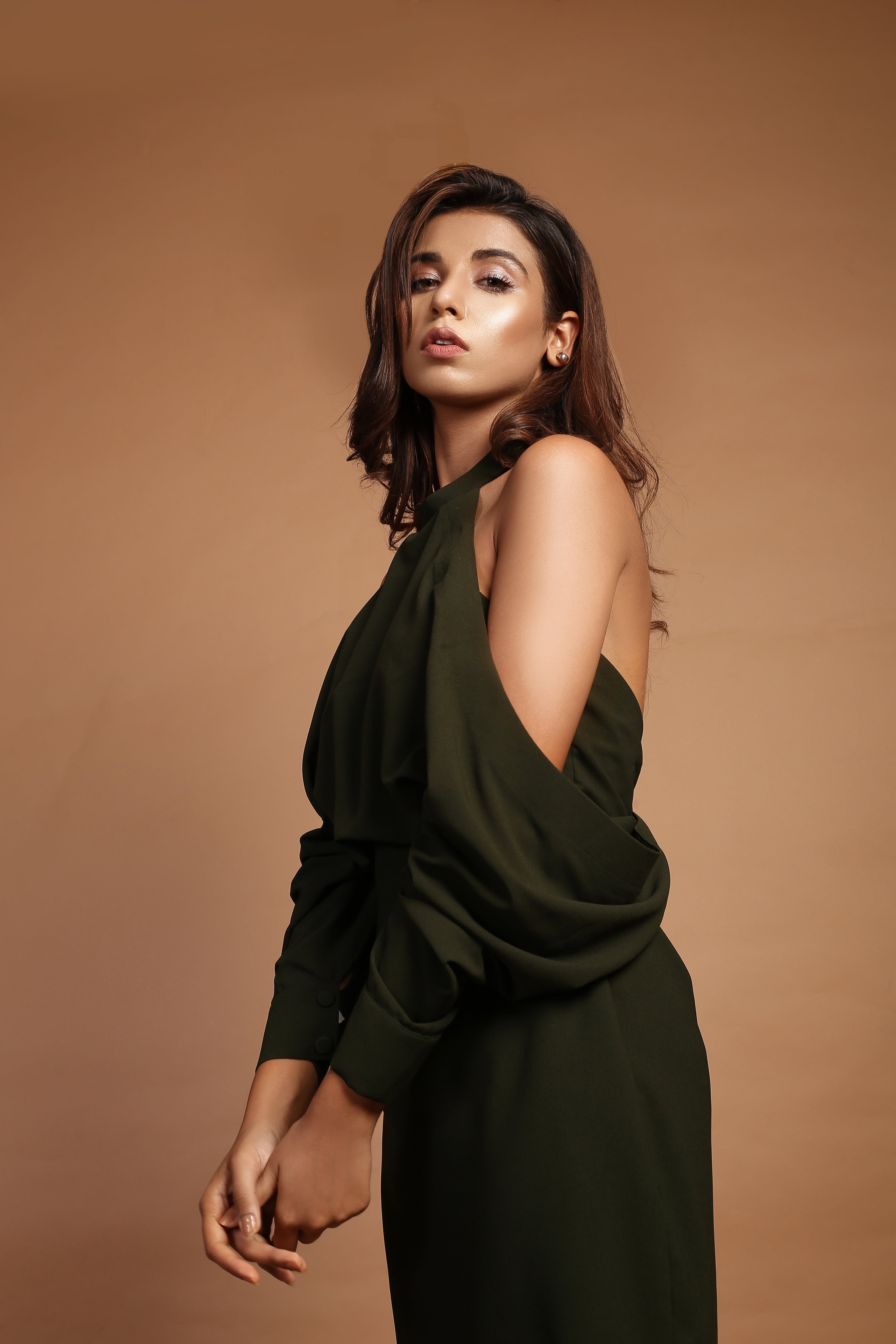 Emerald green cold shoulder dress