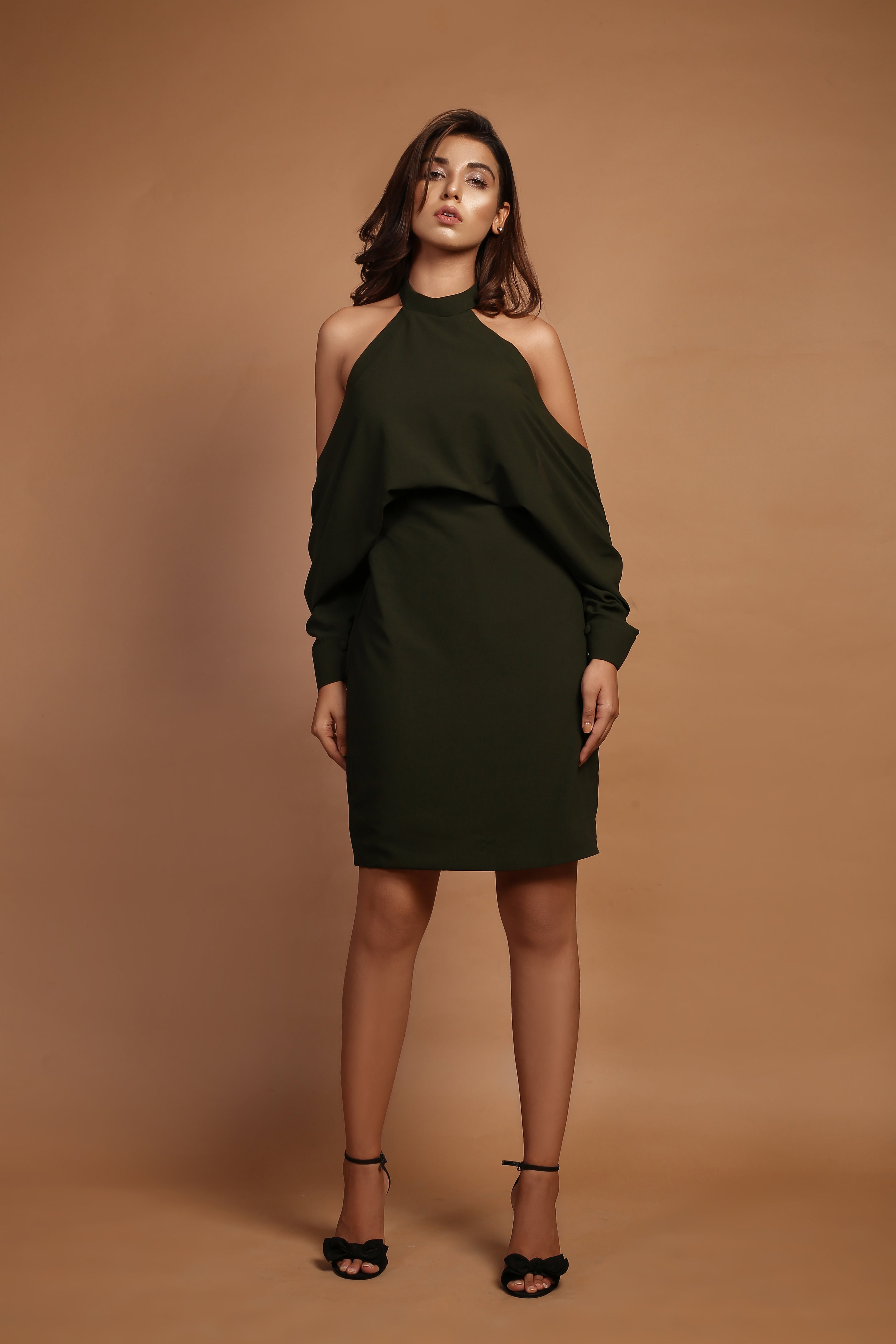 Emerald green cold shoulder dress