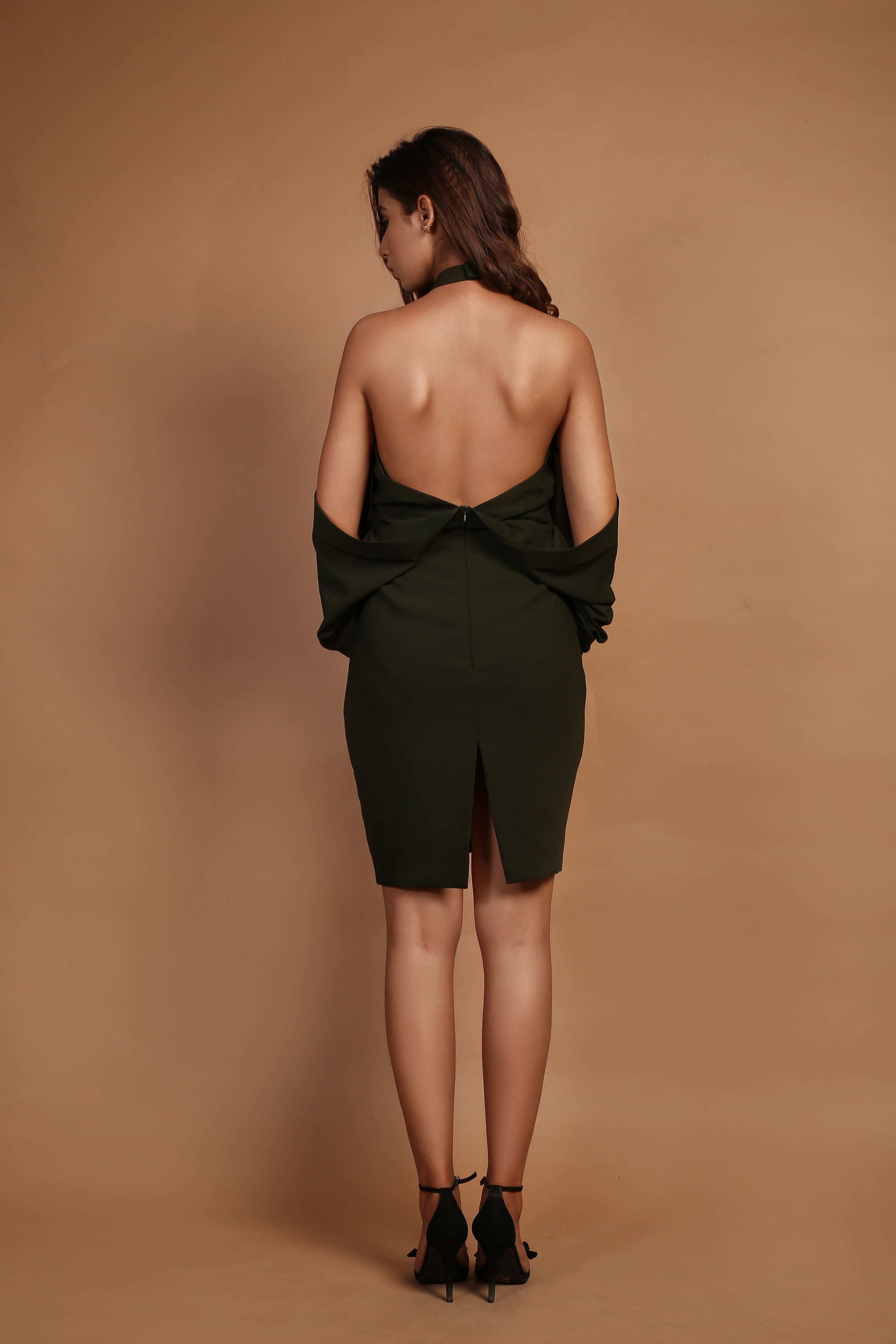 Emerald green cold shoulder dress