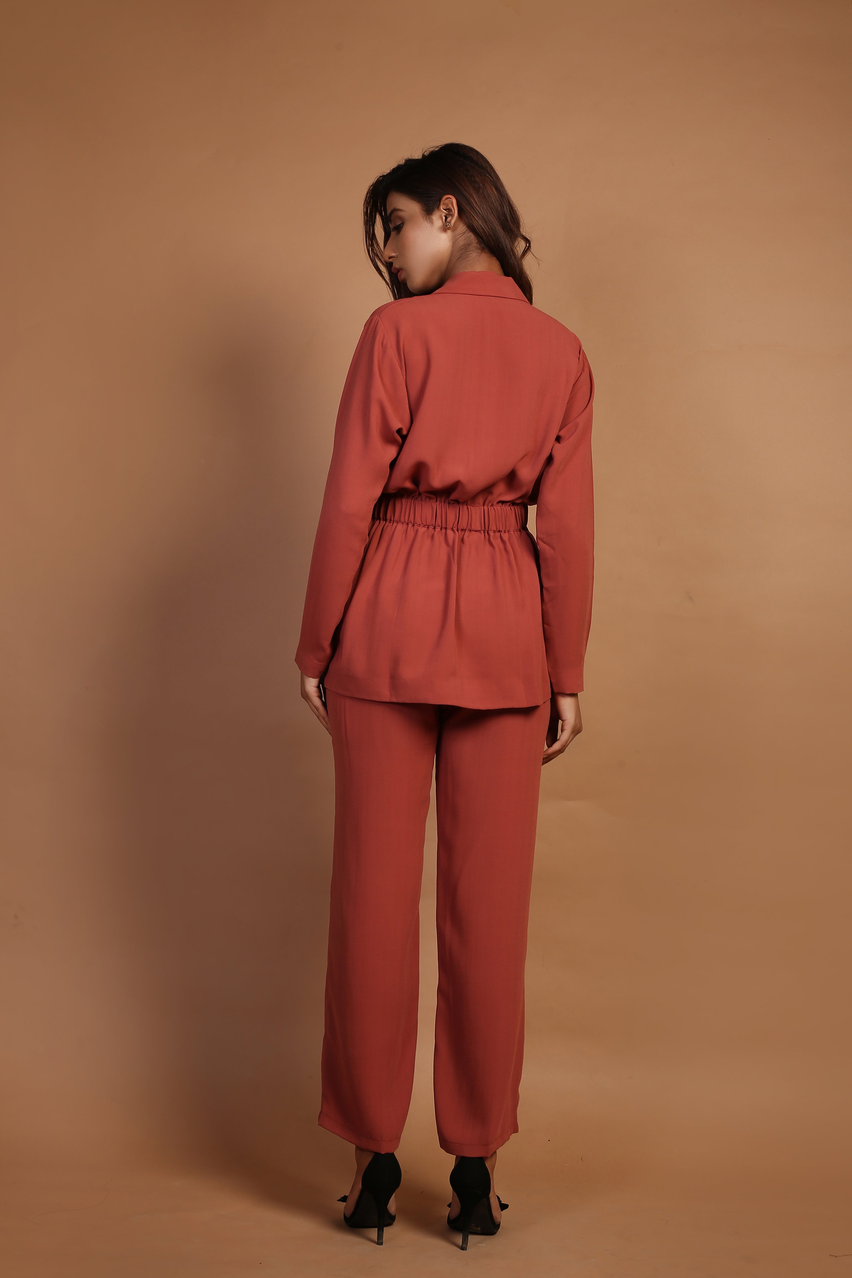 Marsala Color Belted Blazer with Pants