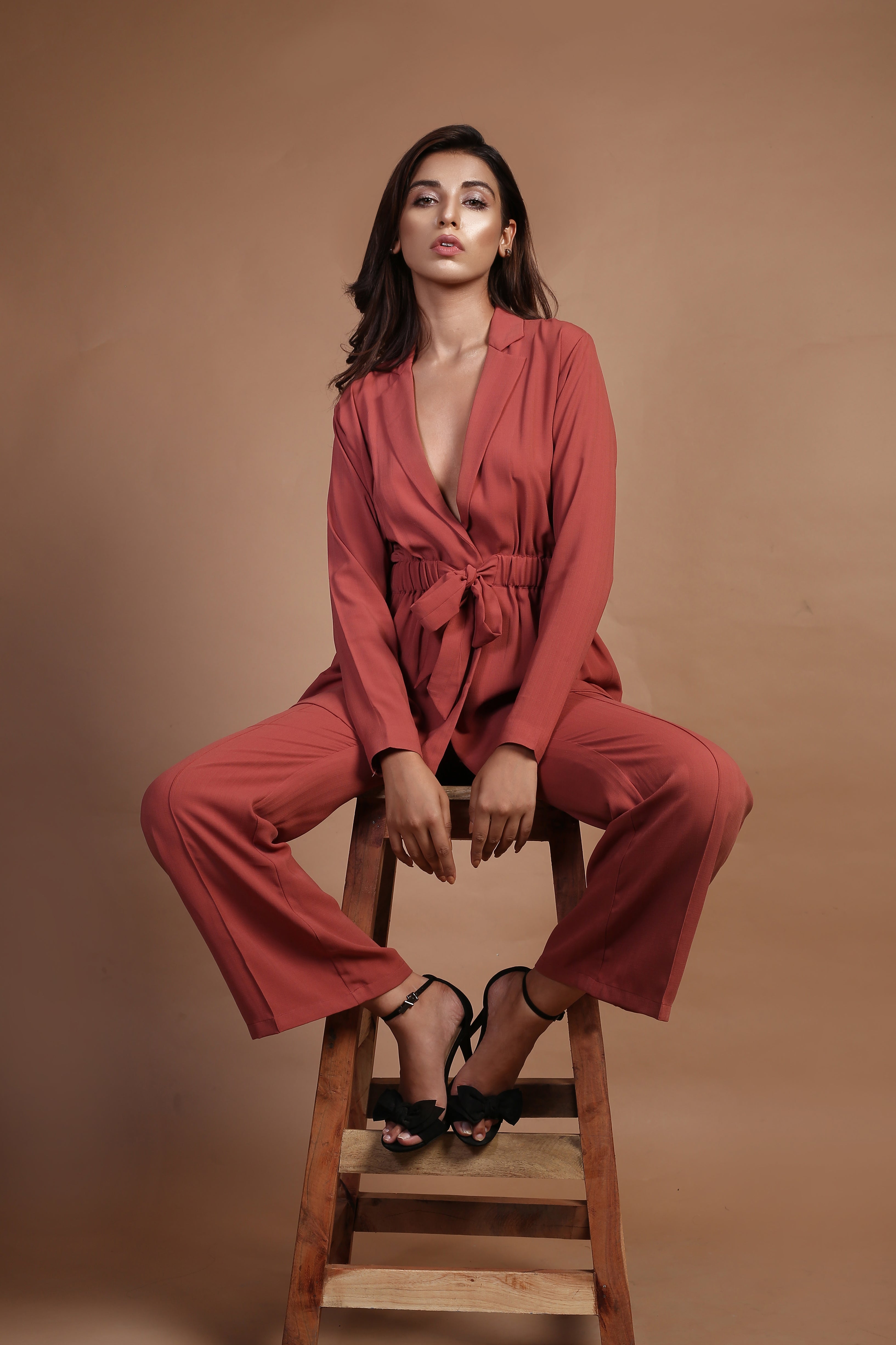Marsala Color Belted Blazer with Pants