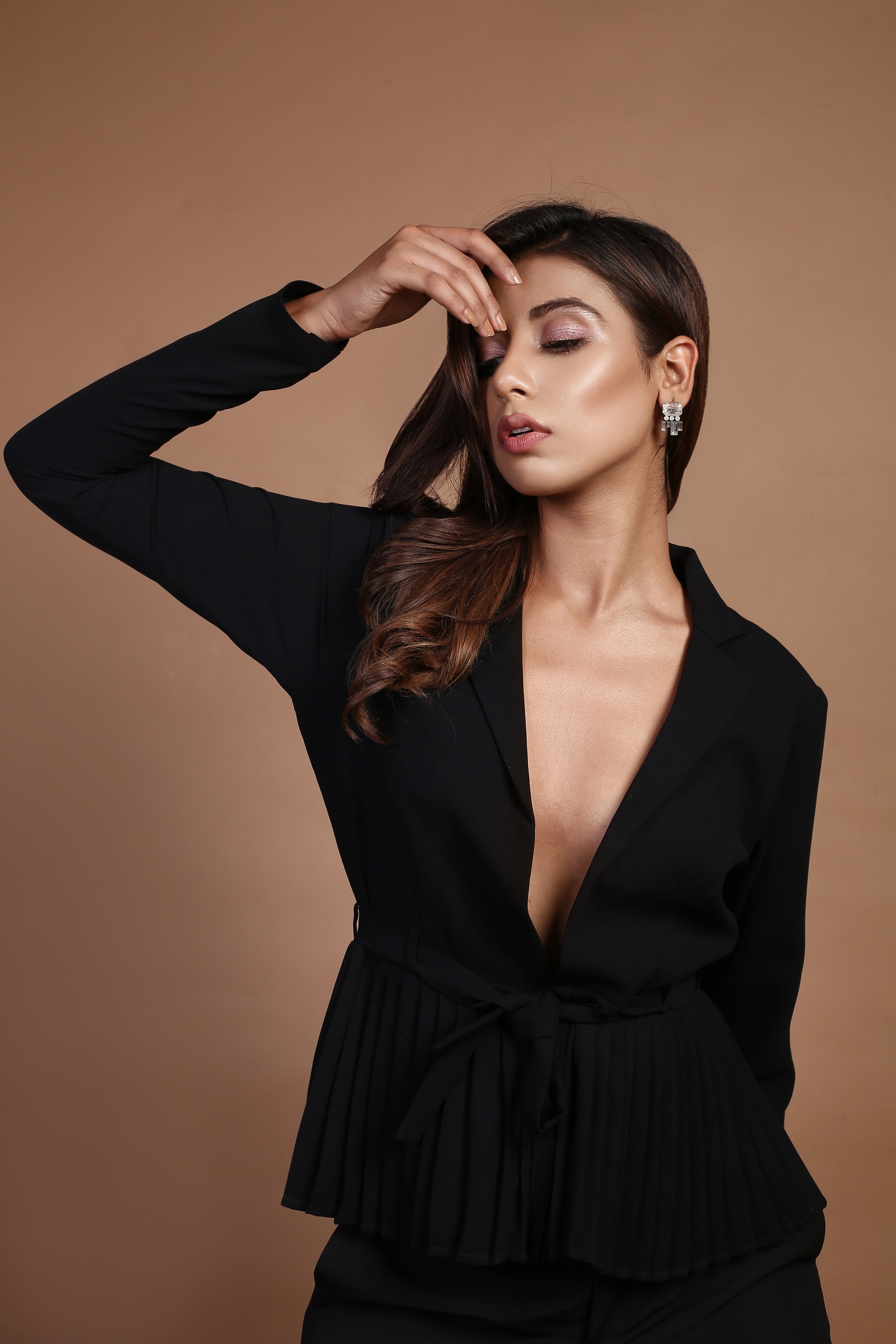 Black Hem Pleated Belted Blazer