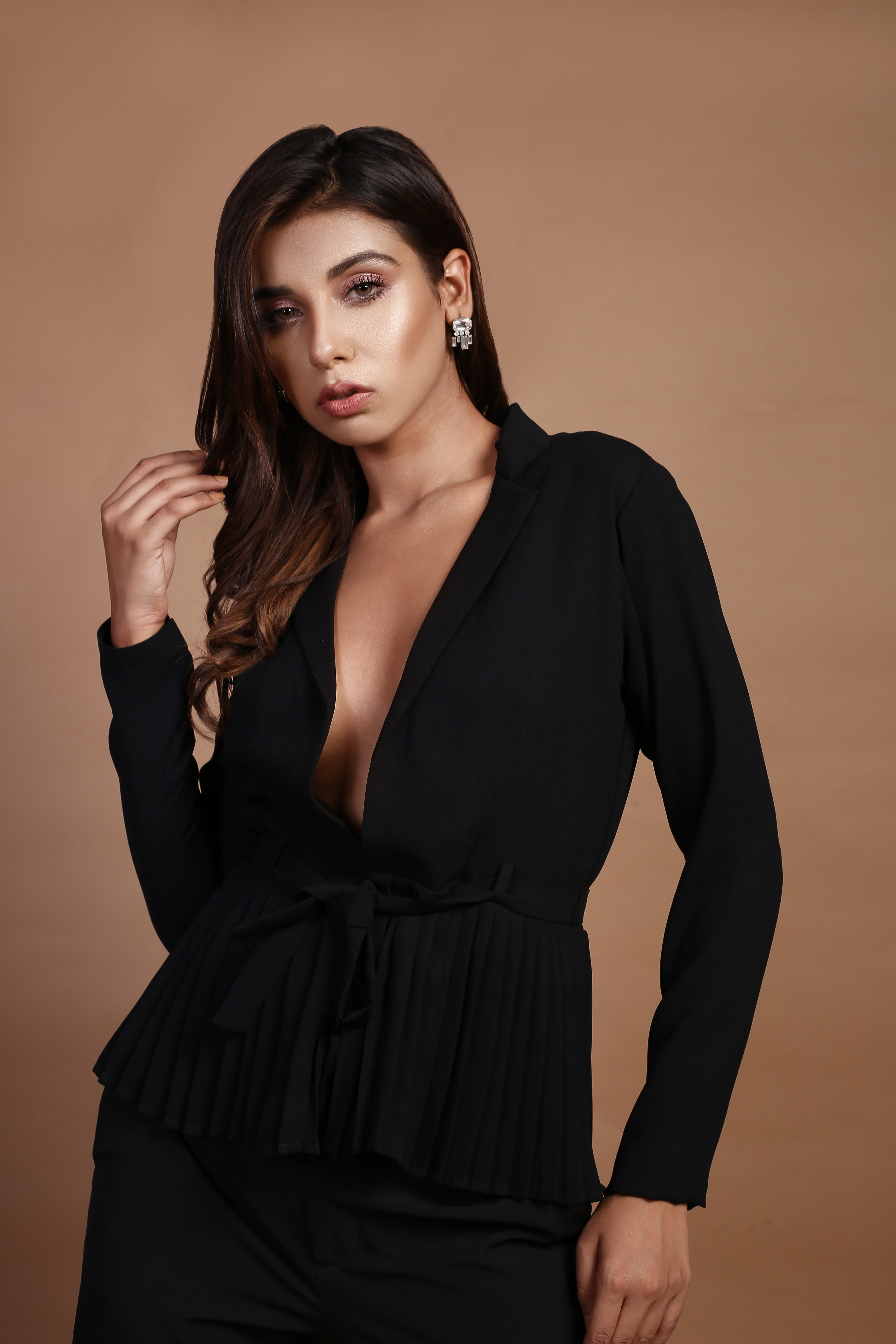Black Hem Pleated Belted Blazer