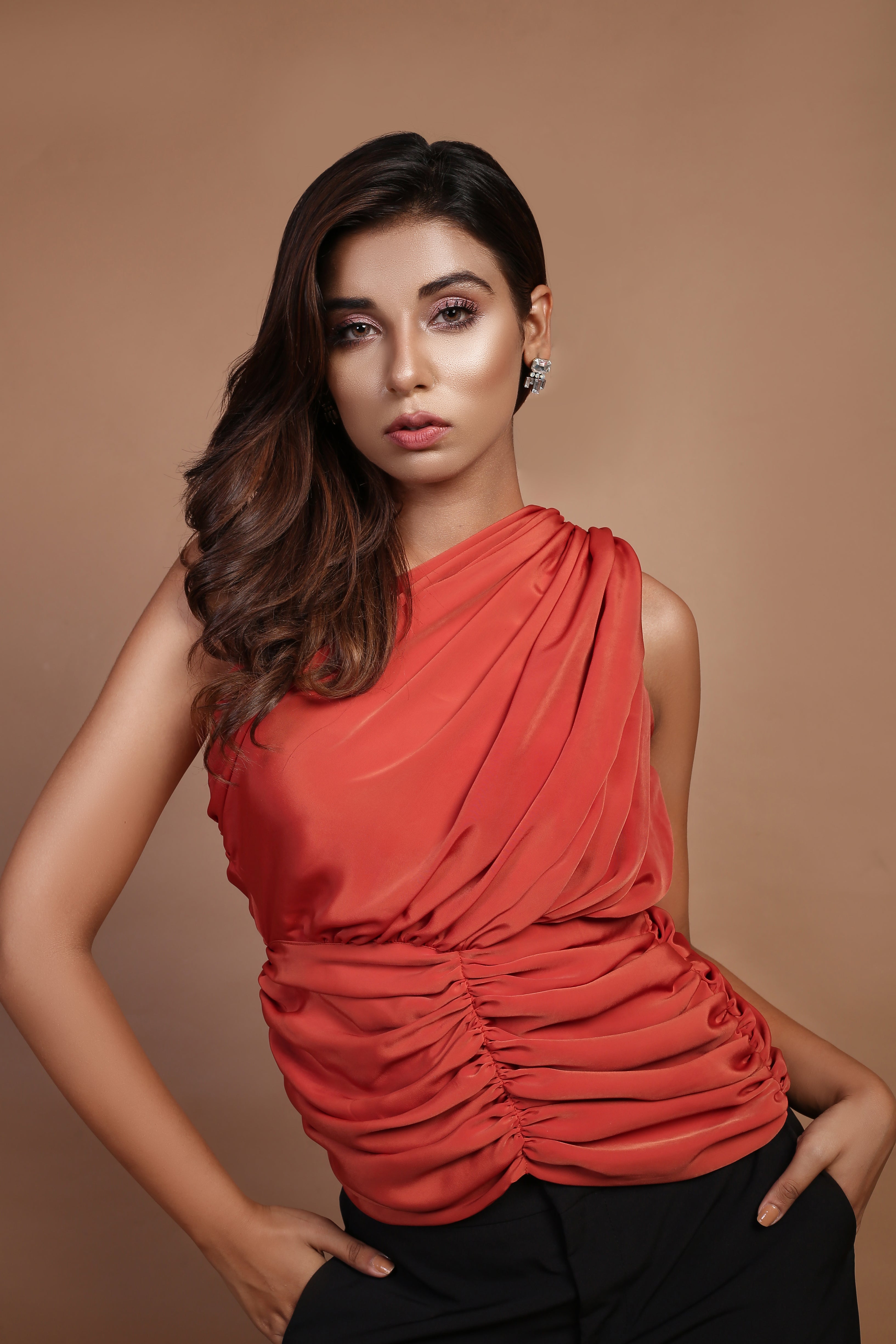 Orange Asym gathered top
