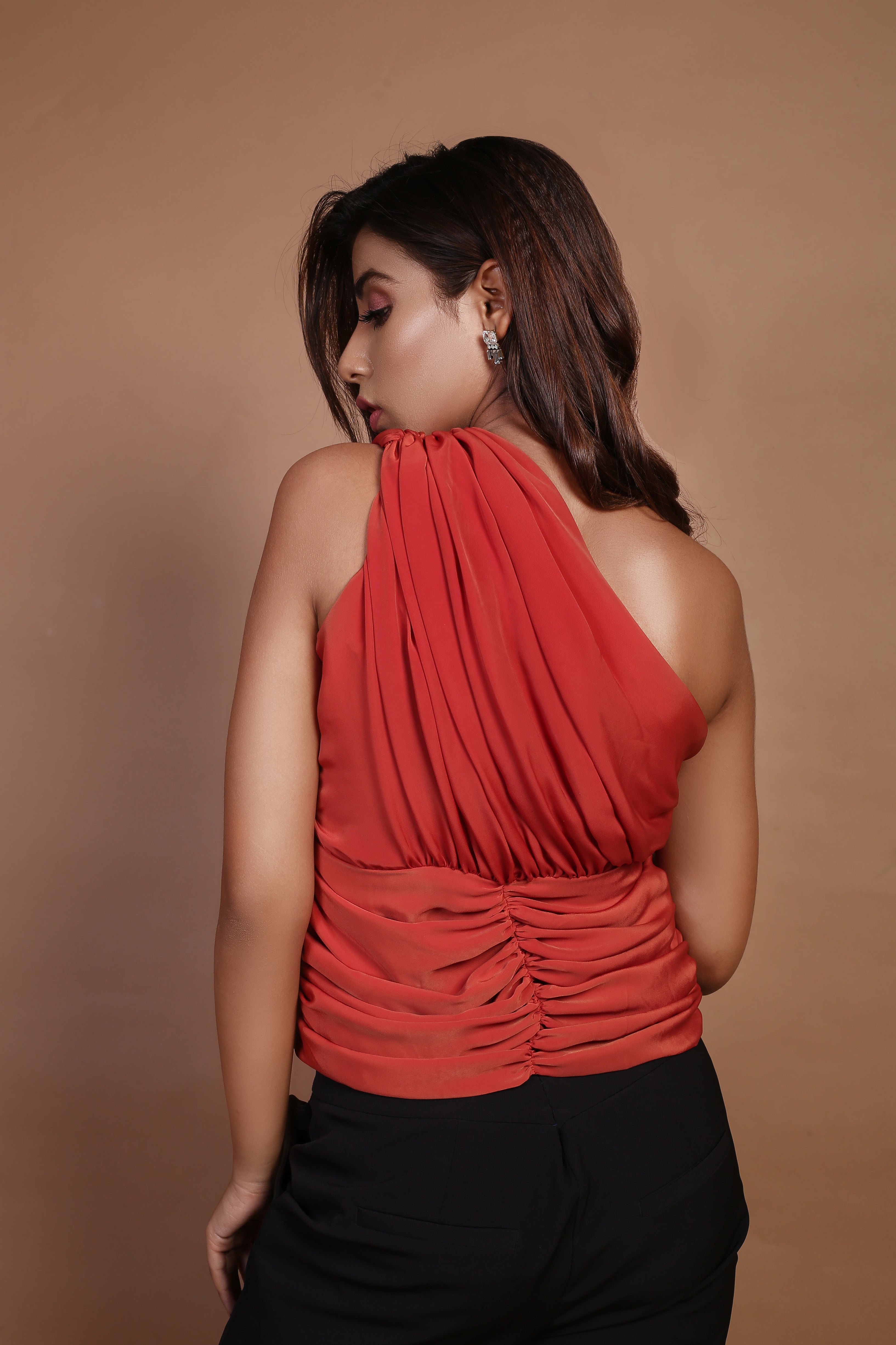 Orange Asym gathered top