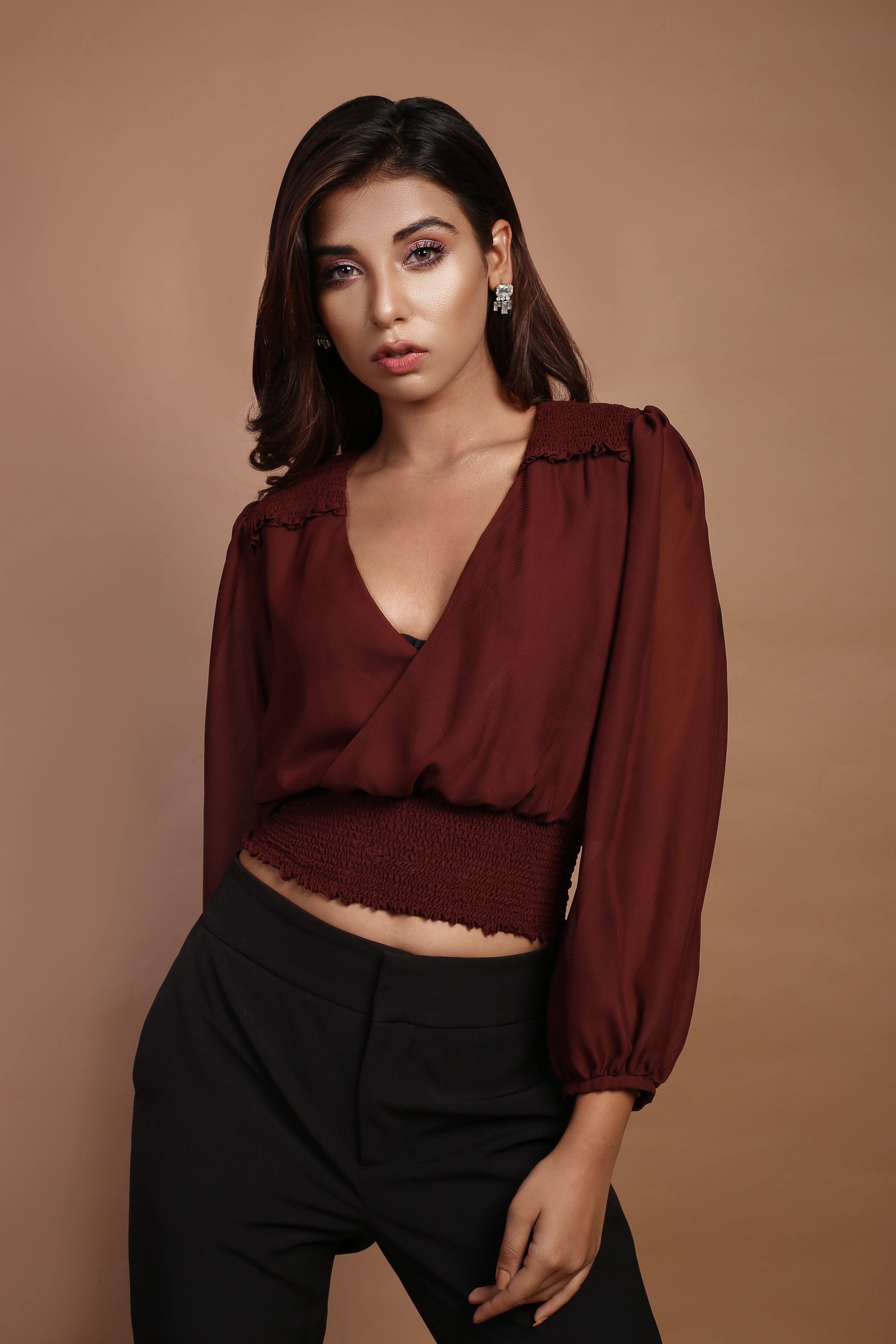 Umber Brown Smocking Top