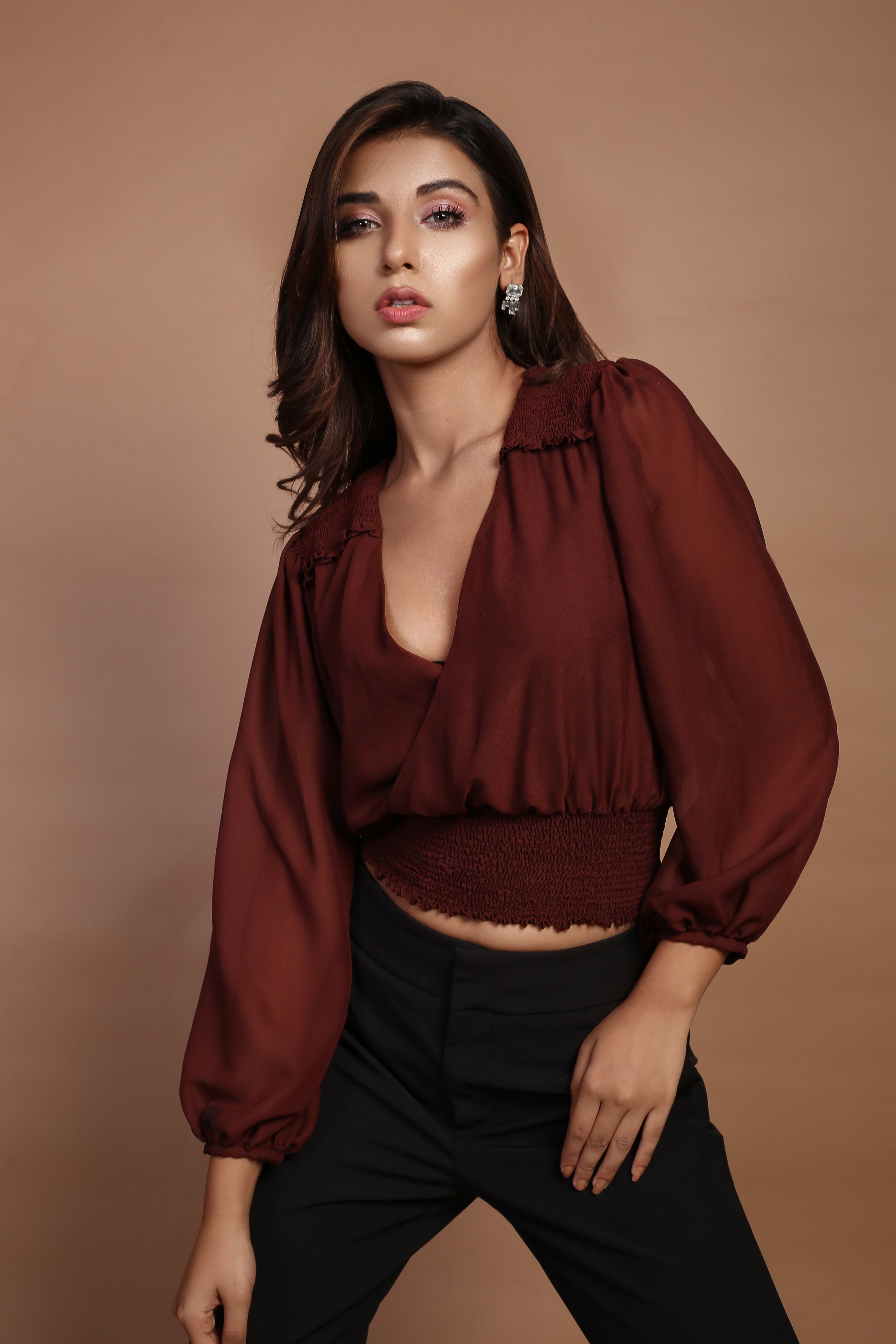 Umber Brown Smocking Top