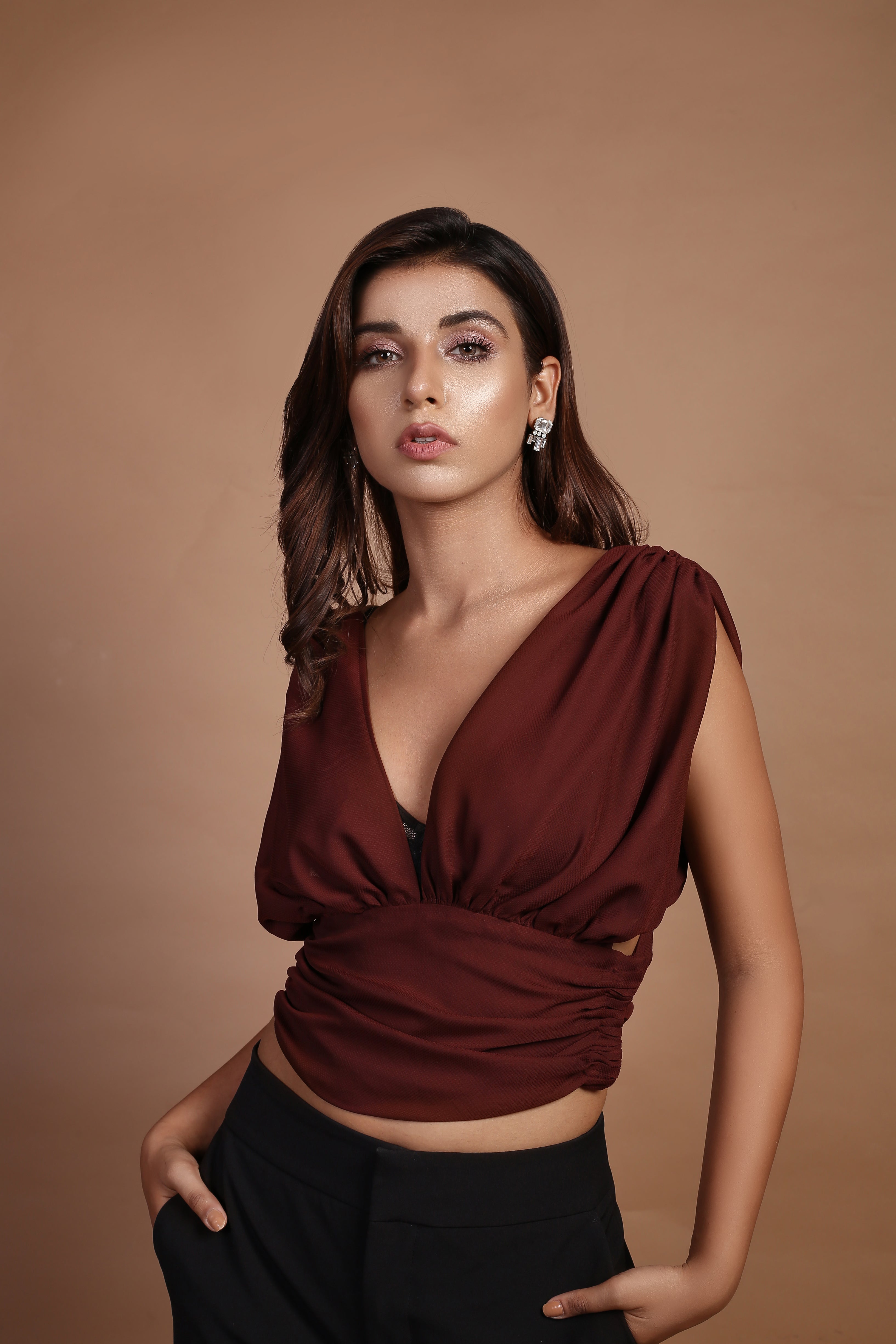 Umber brown cowl v neck top