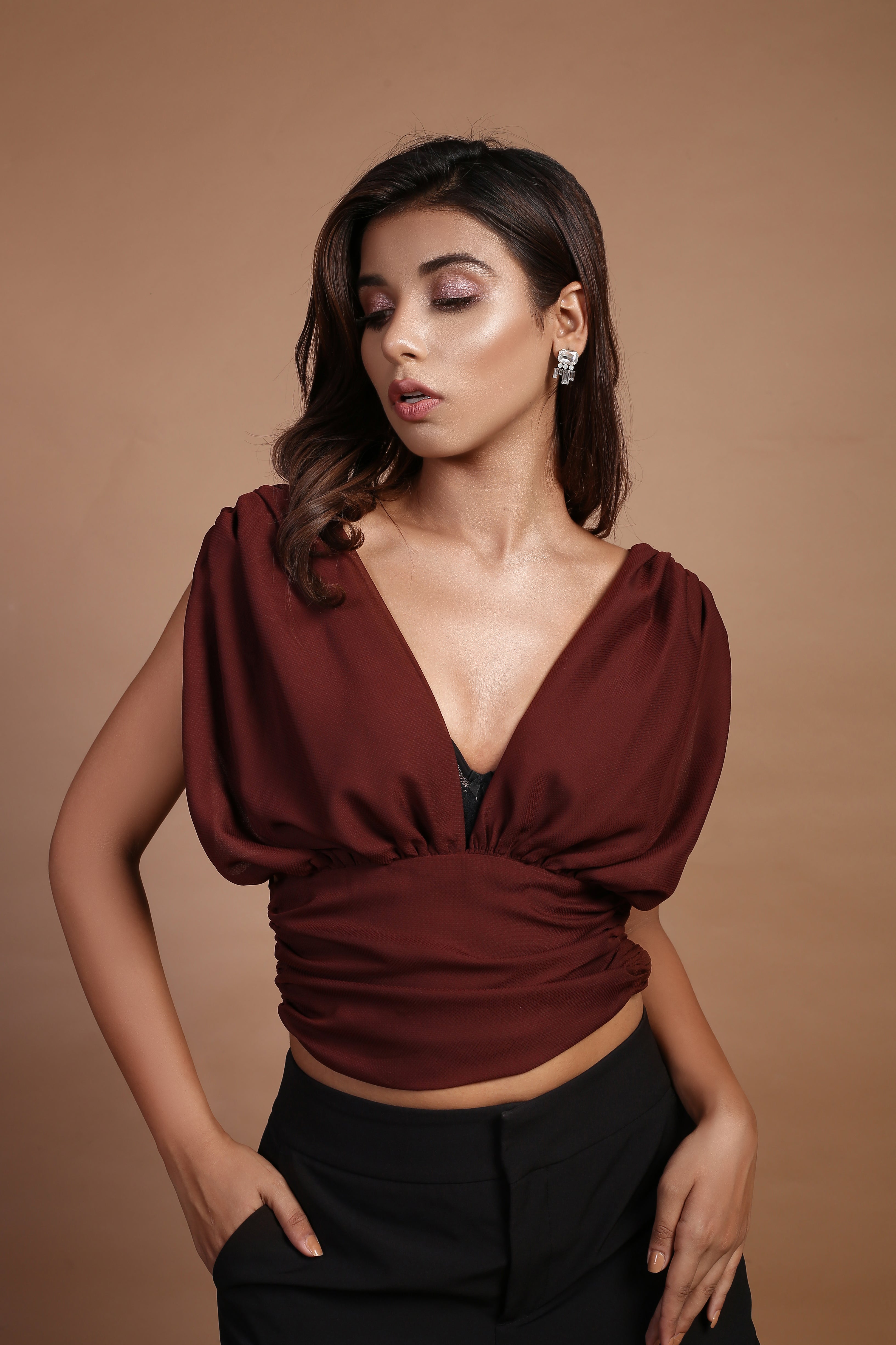 Umber brown cowl v neck top
