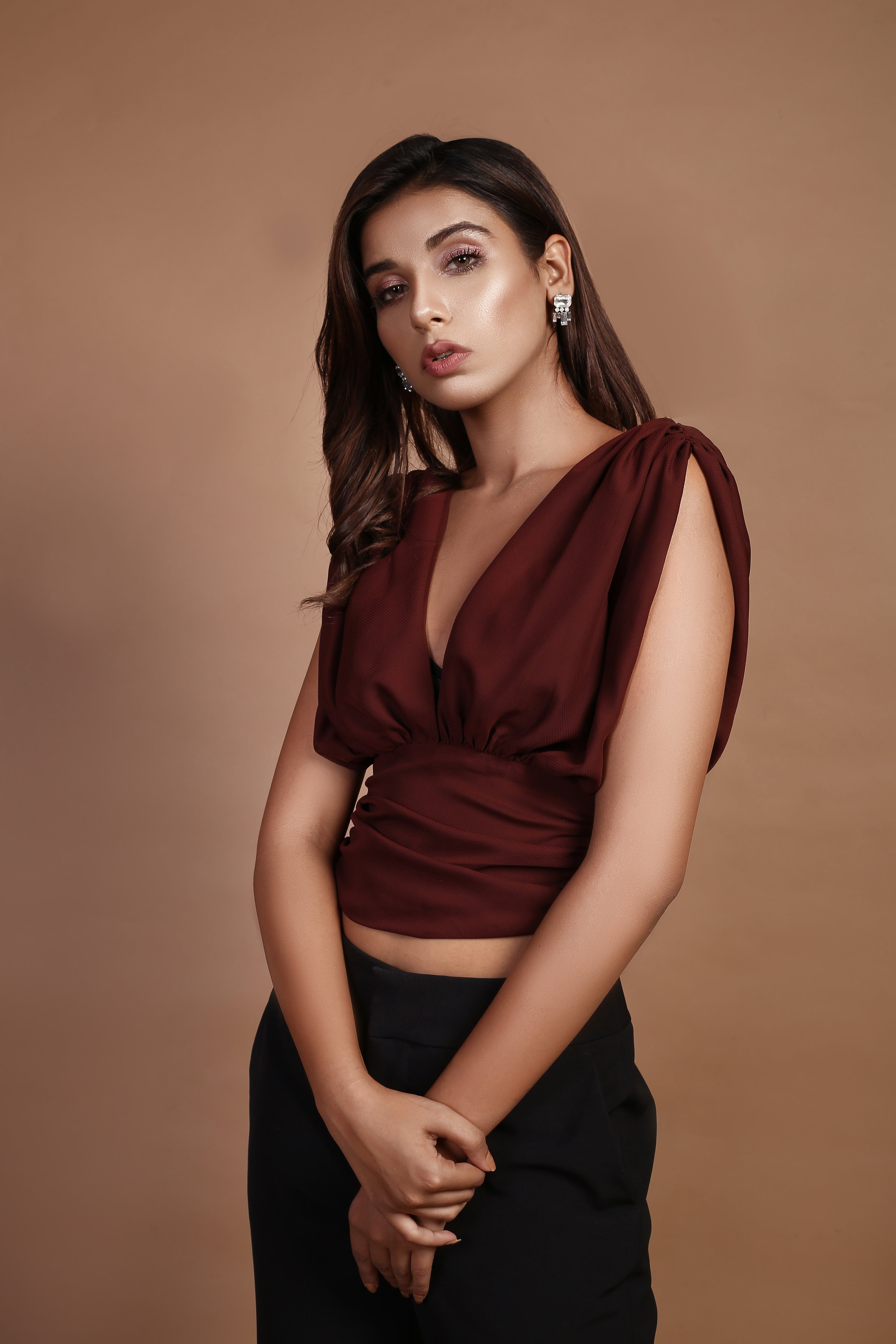 Umber brown cowl v neck top