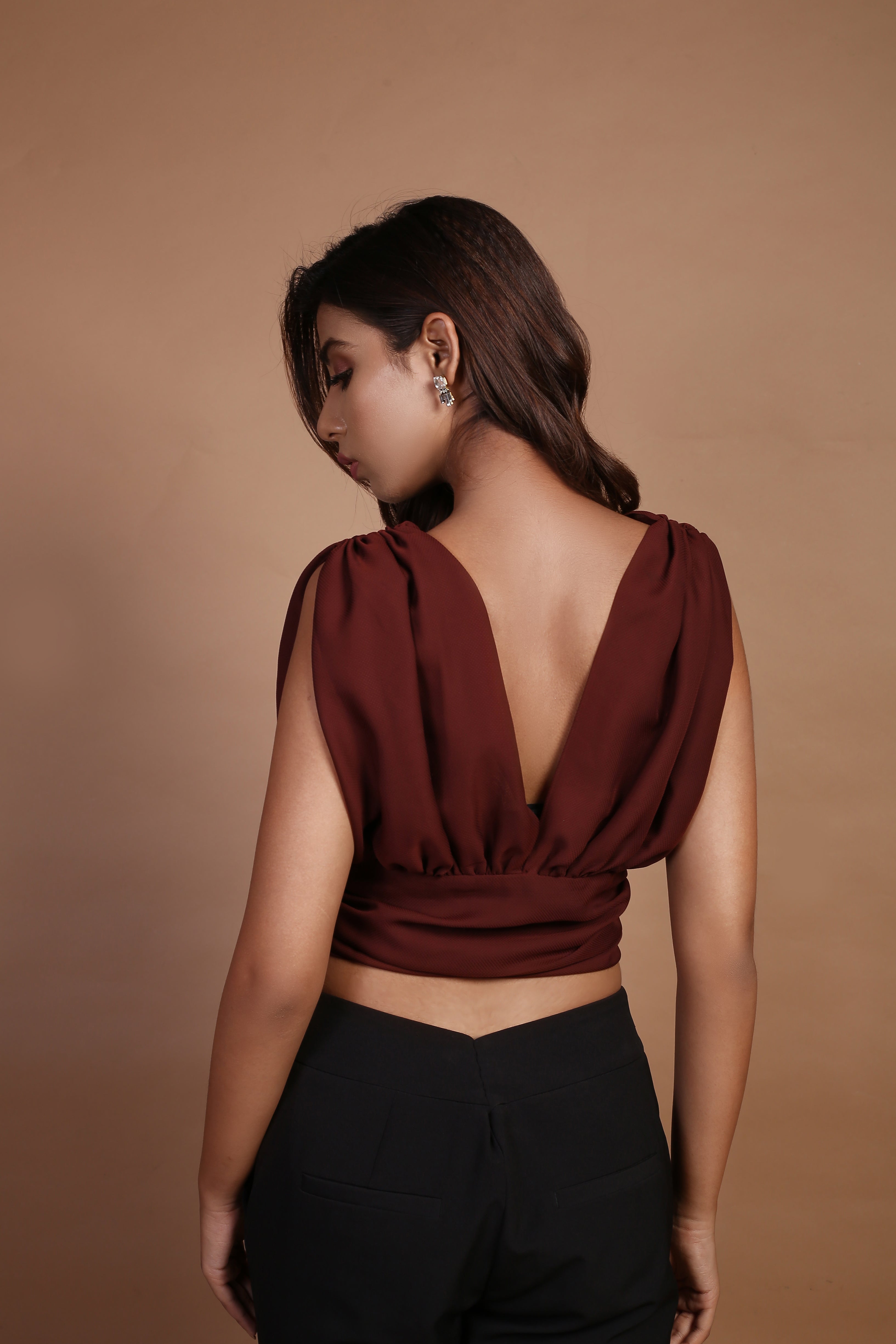 Umber brown cowl v neck top