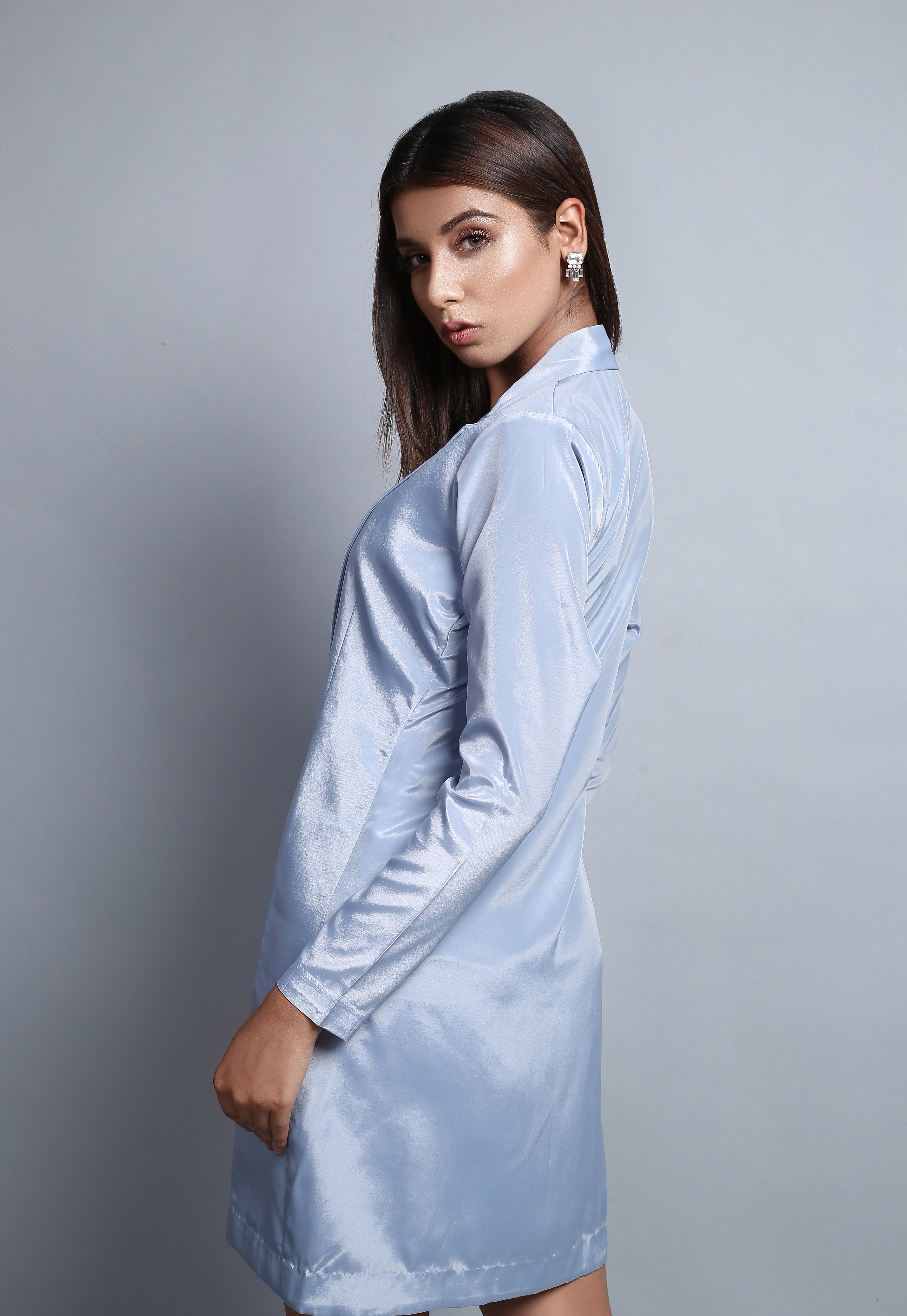 Aqua Blue Satin Dress With Blazer