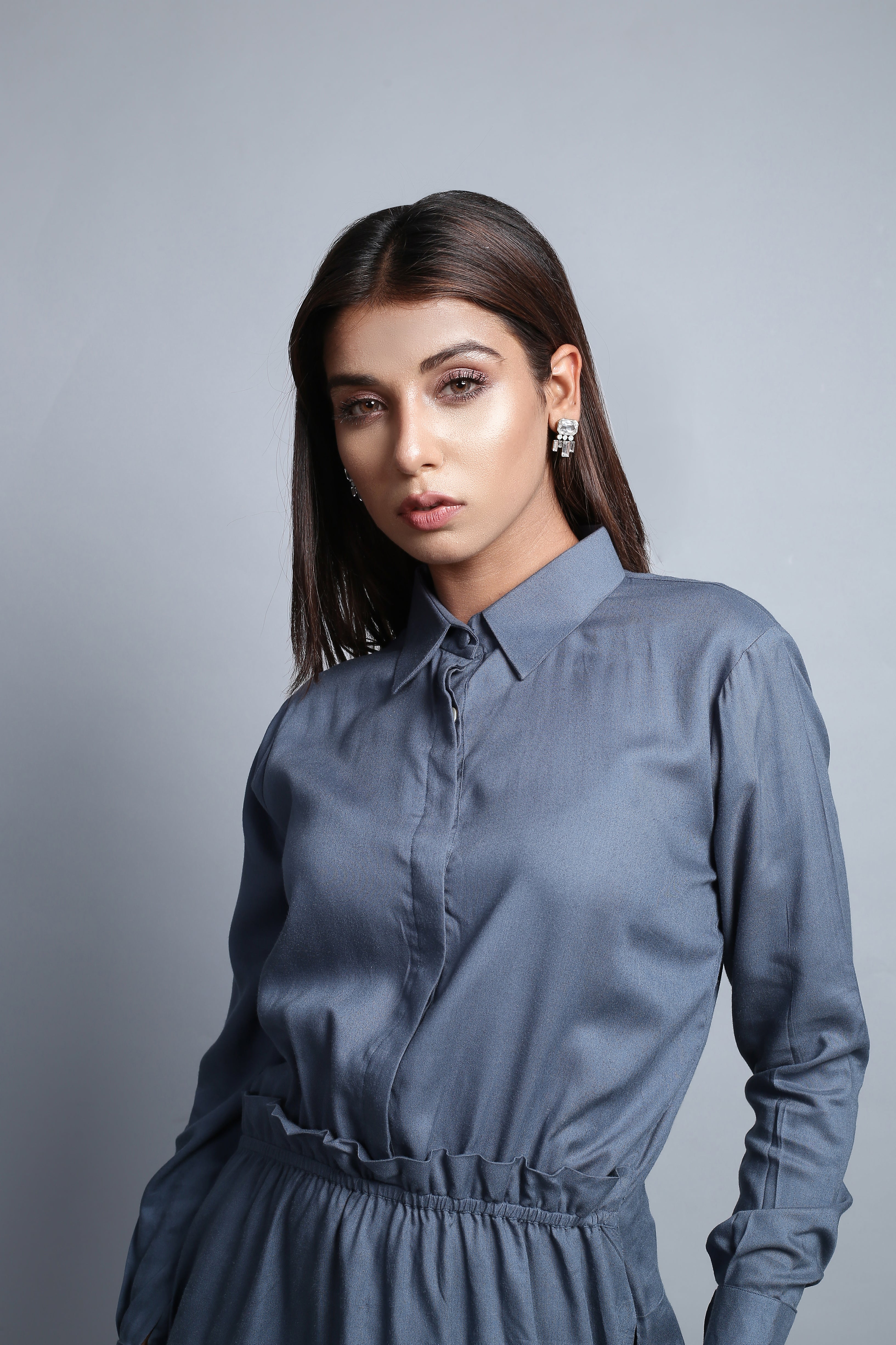 Steel Grey Frill Shirt Dress