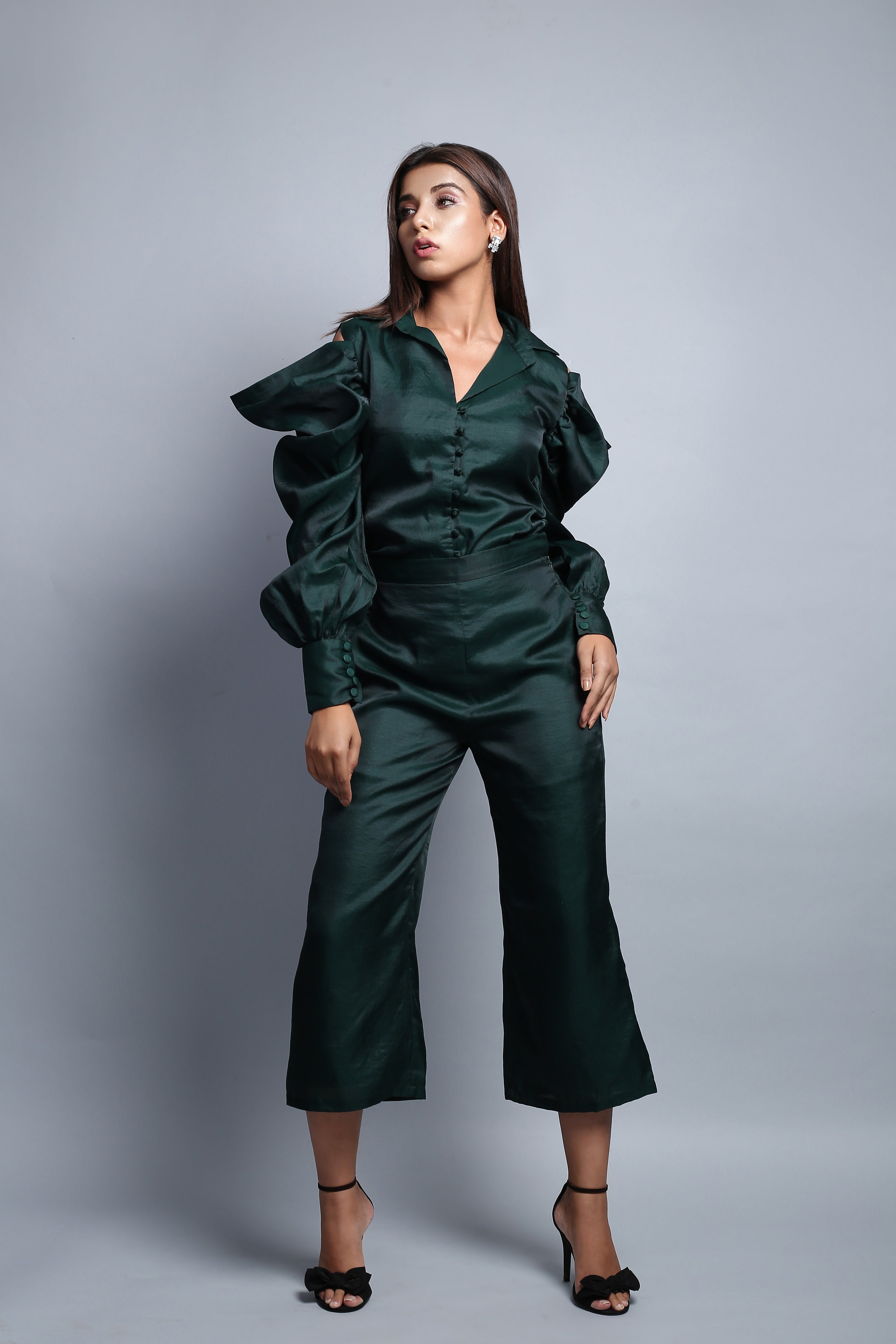 Teal Green Gathered Crop Top & Pants