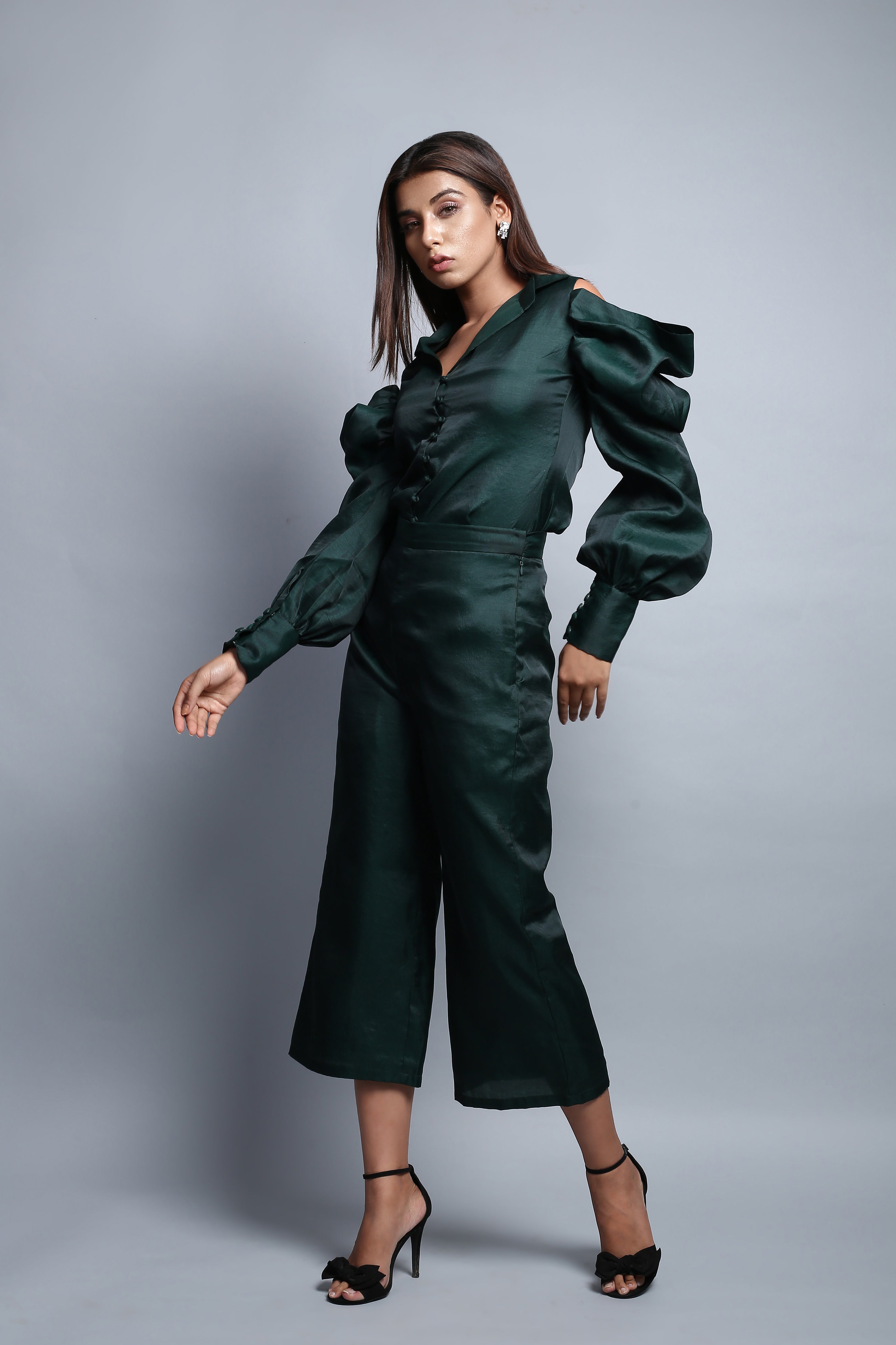 Teal Green Gathered Crop Top & Pants