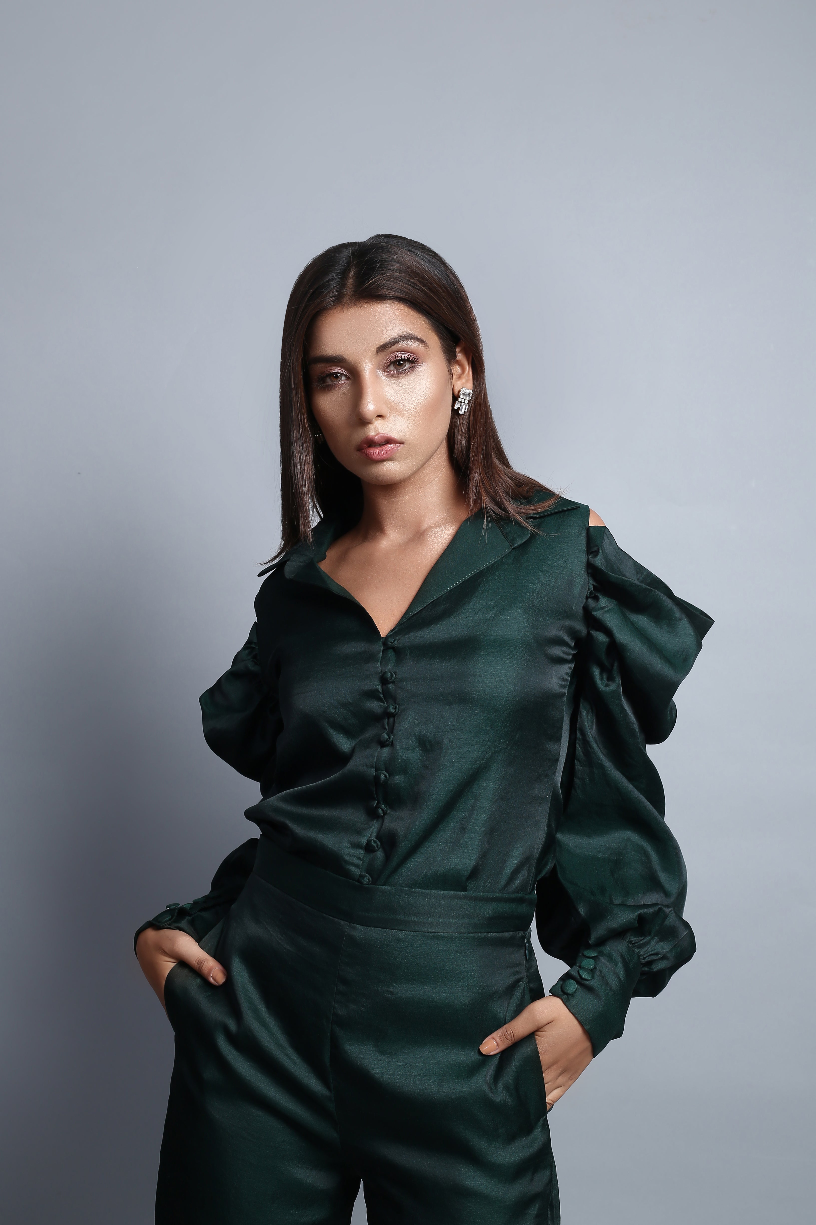 Teal Green Gathered Crop Top & Pants