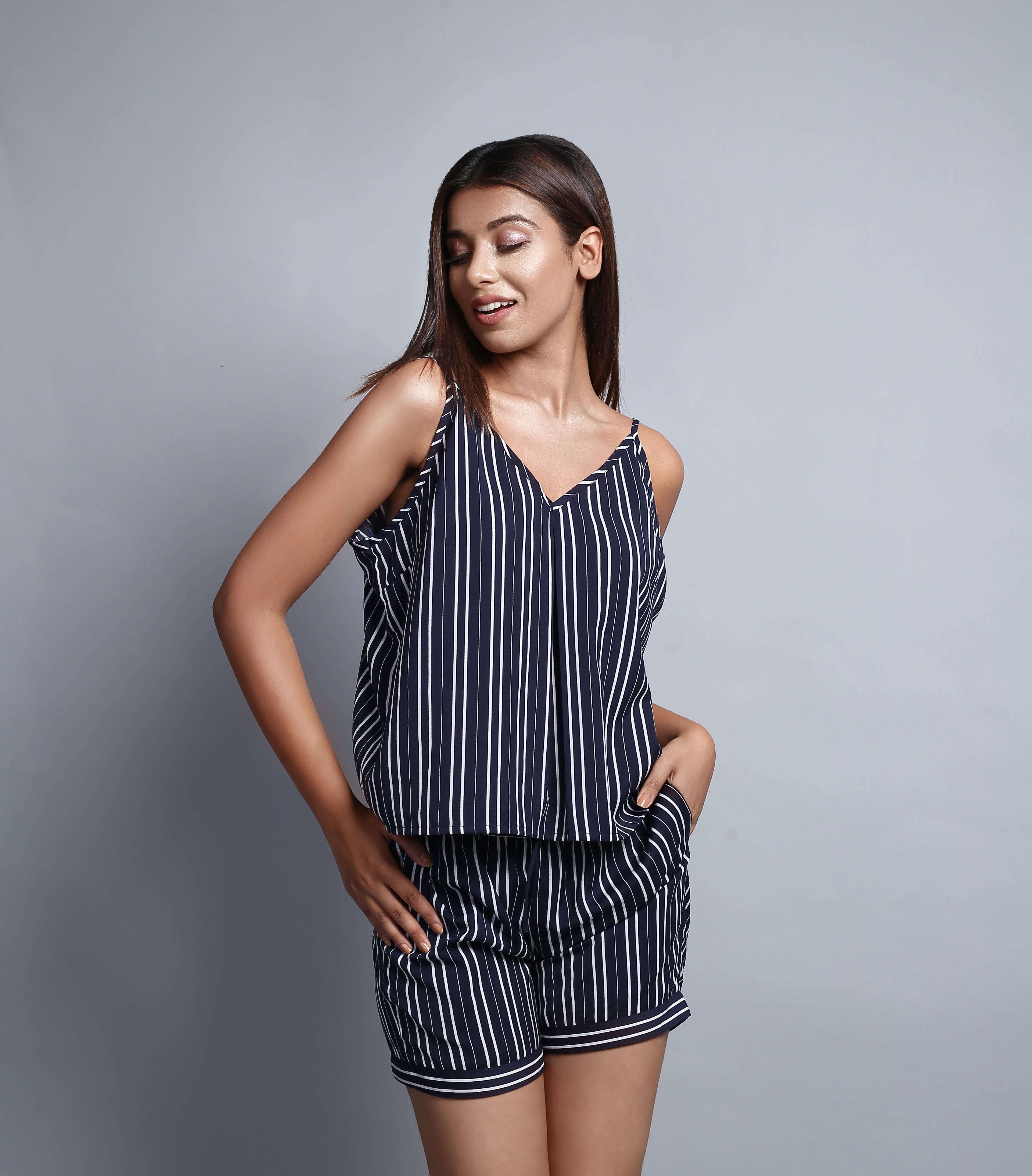 Navy blue stripe night suit