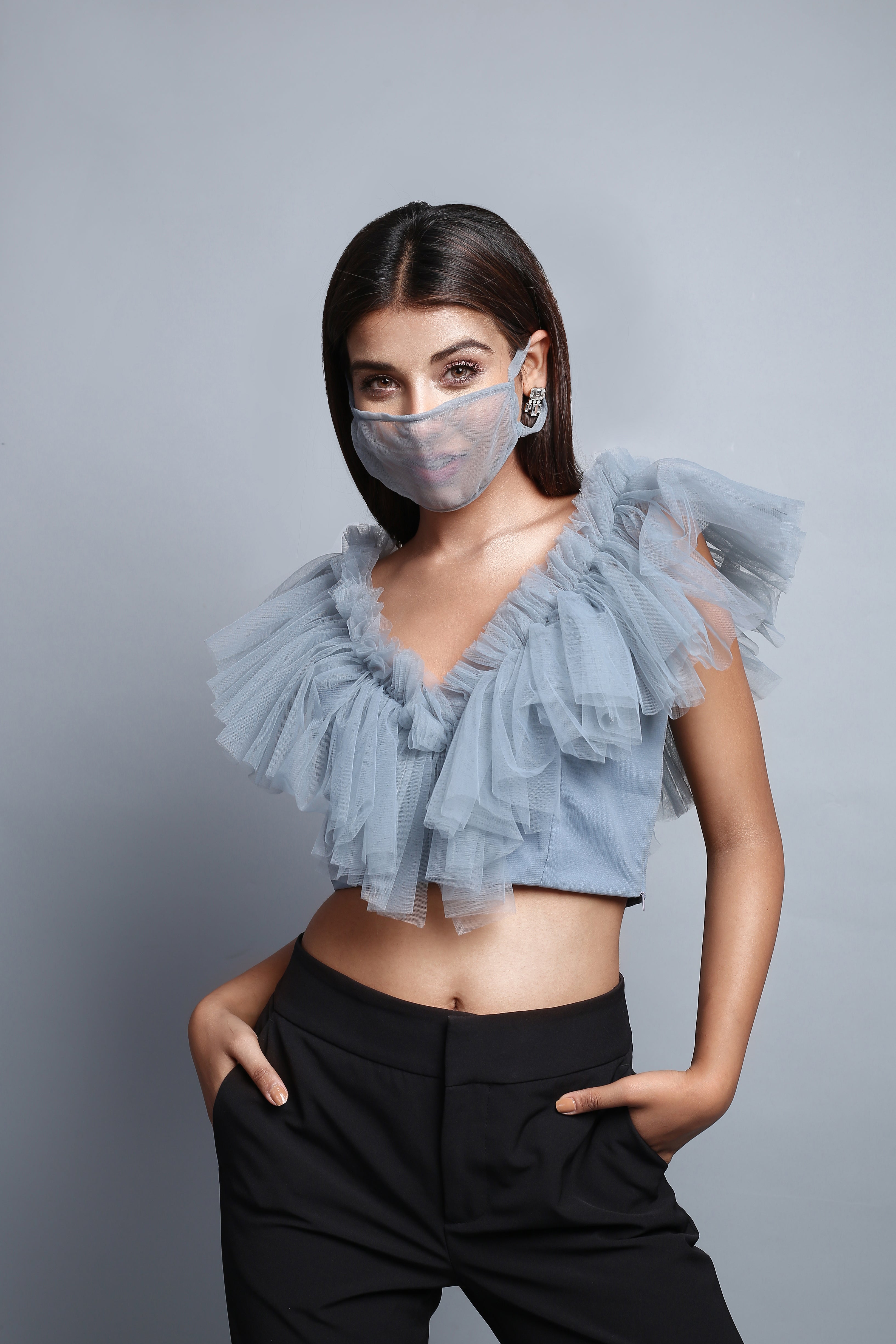 Tulle Grey Ruffle Top