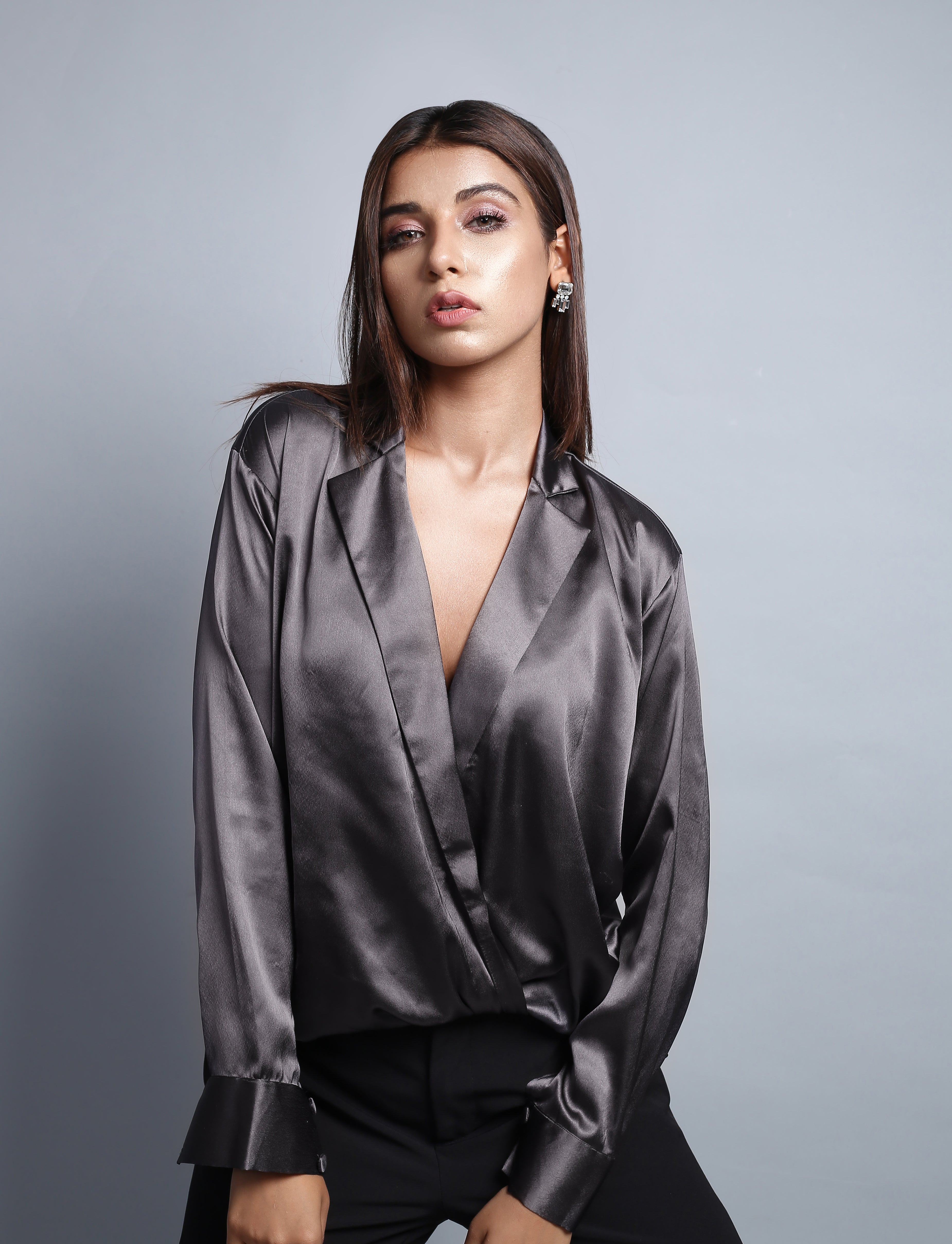 Grey Satin Wrap Hem Cowl Shirt