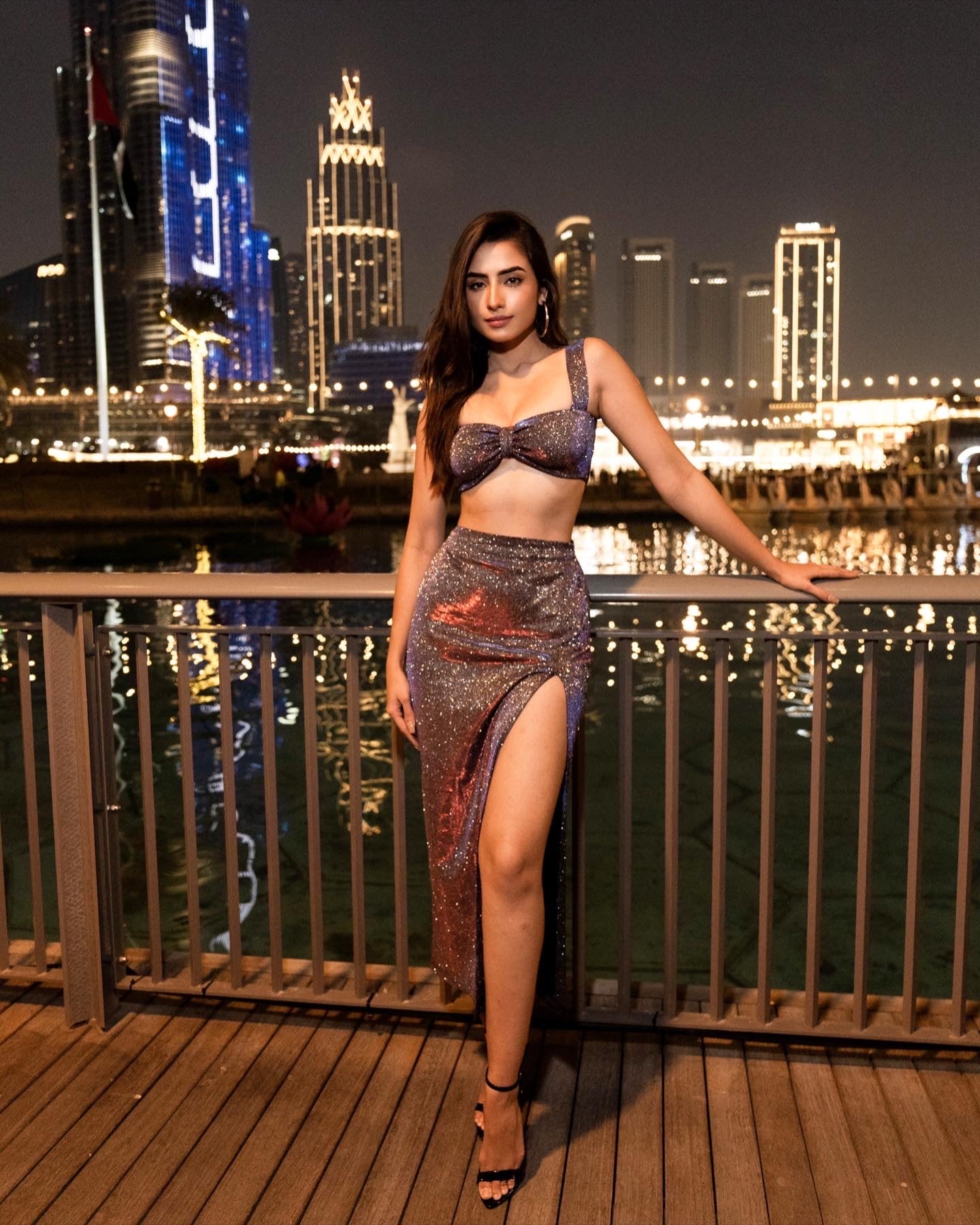 Bluish Grey Glitter crop top and skirt