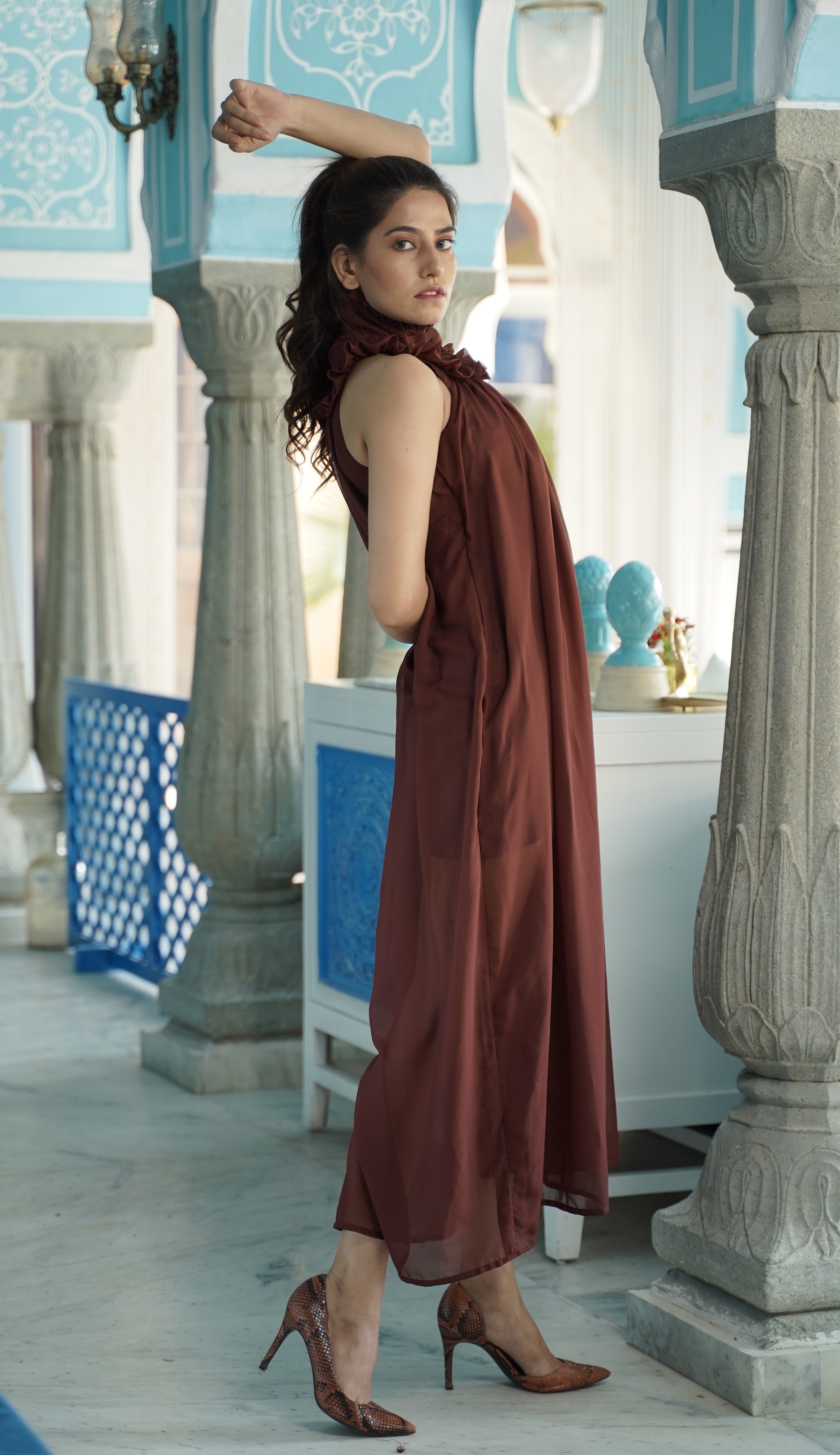 Umber Brown High Neck Sheer Maxi Dress