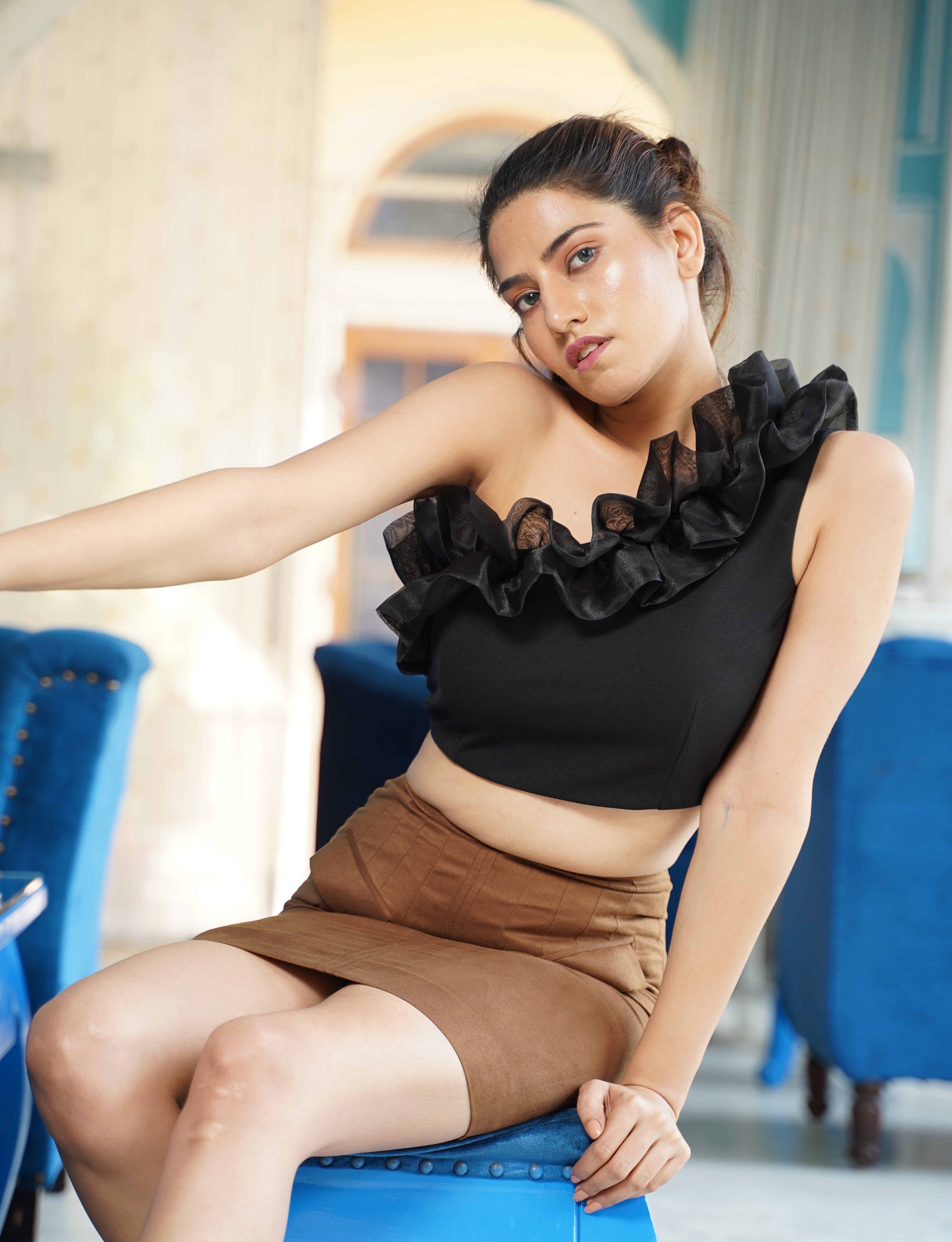 Black Asymmetric Ruffle Crop Top