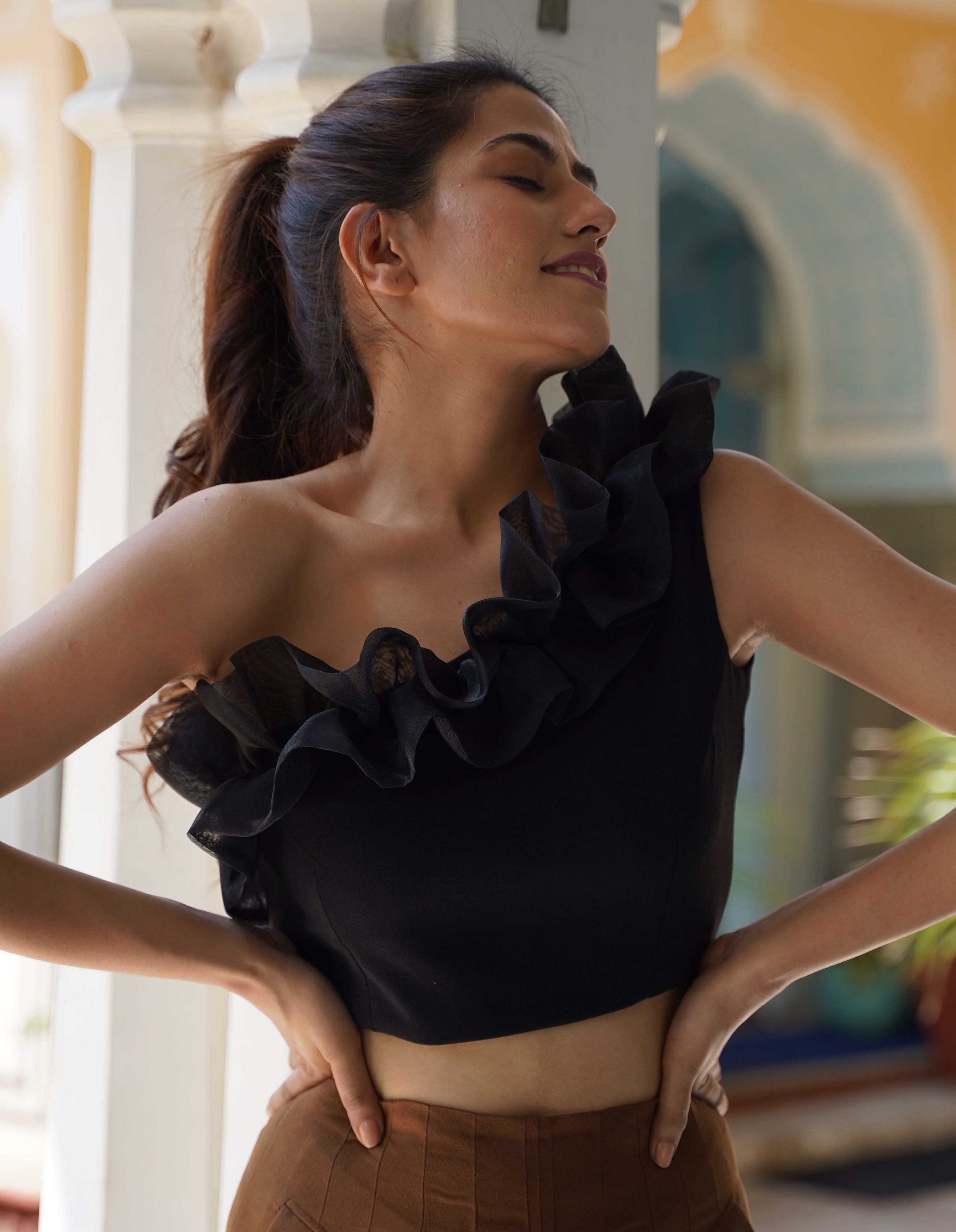 Black Asymmetric Ruffle Crop Top