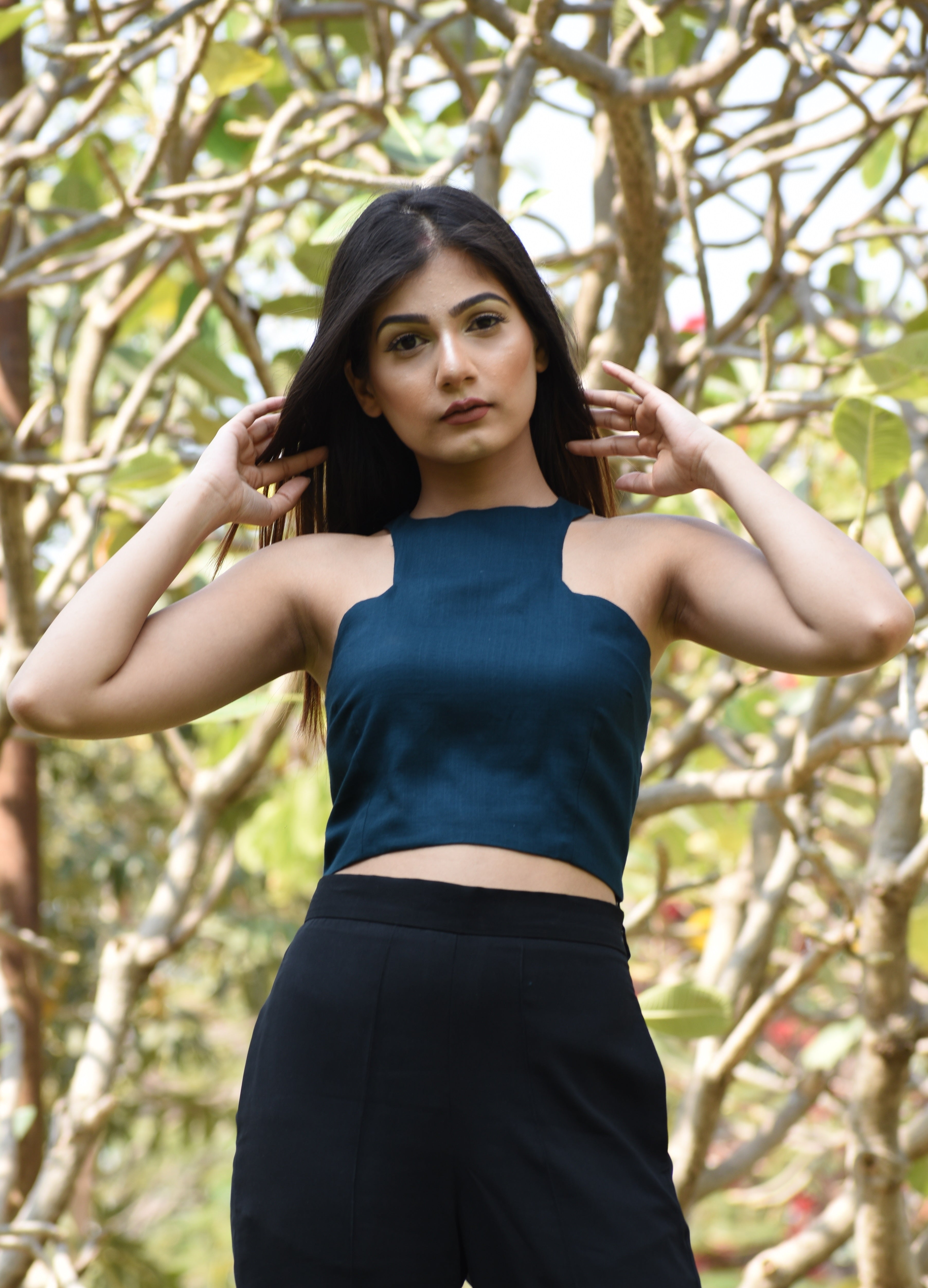 Teal Blue Asymmetric Neck Crop Top