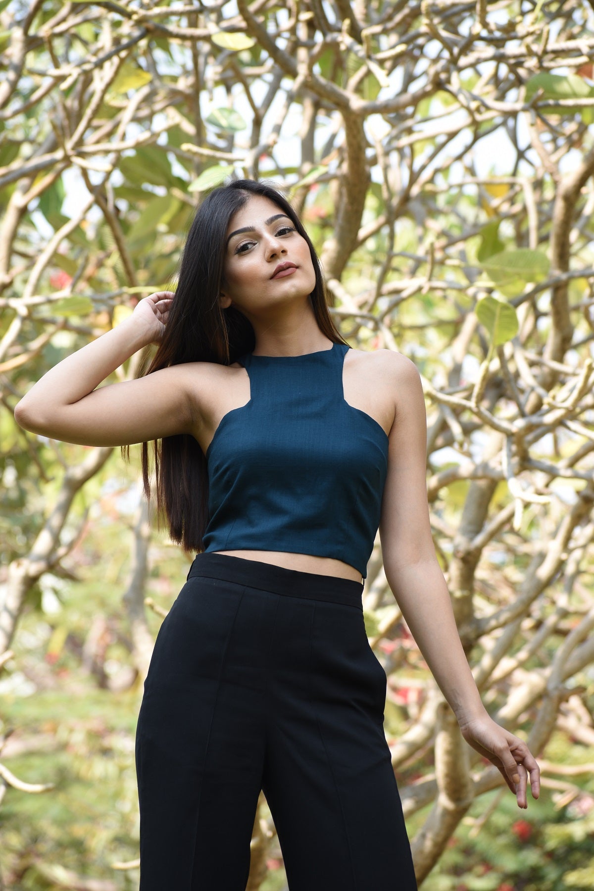 Teal Blue Asymmetric Neck Crop Top