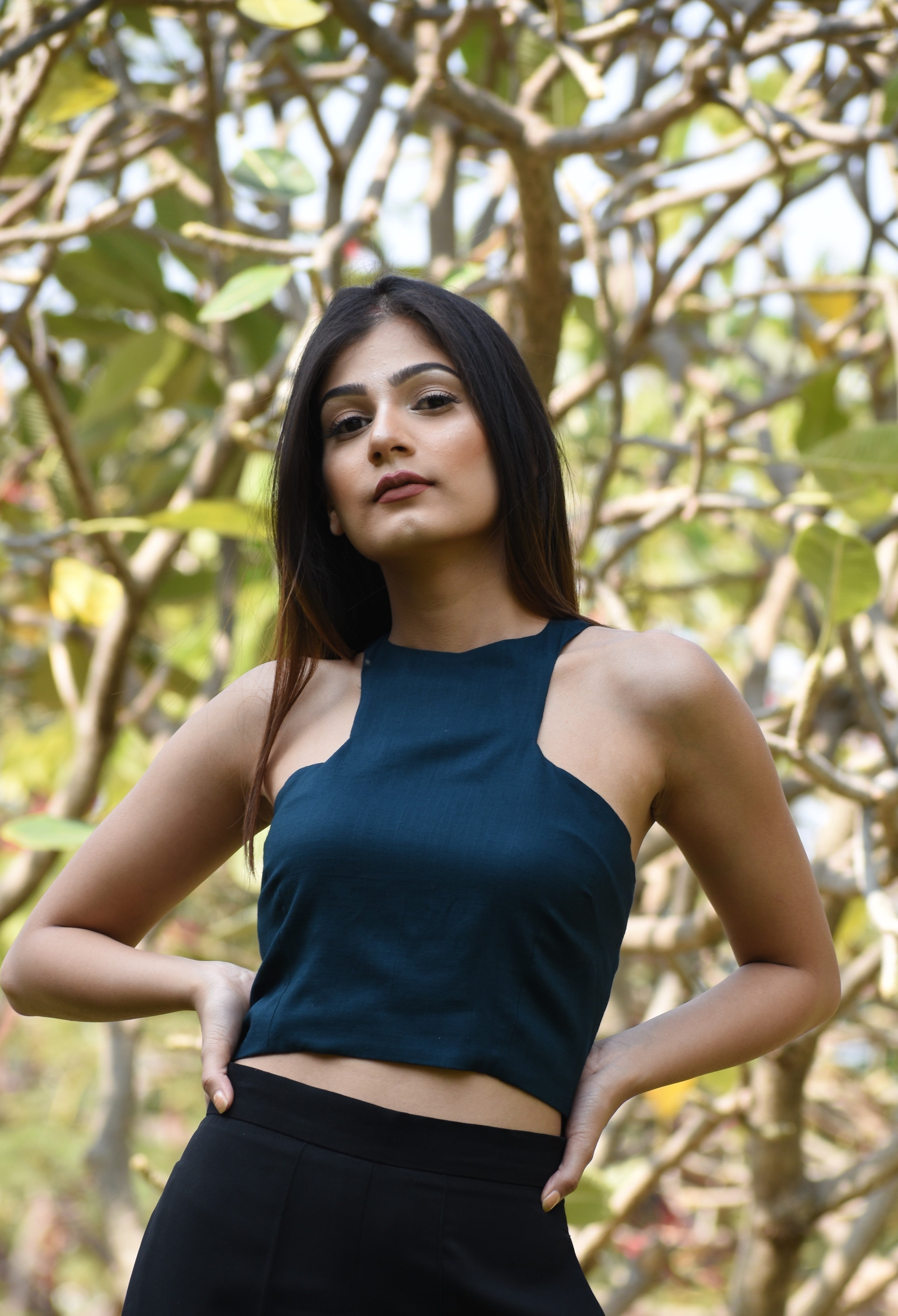 Teal Blue Asymmetric Neck Crop Top