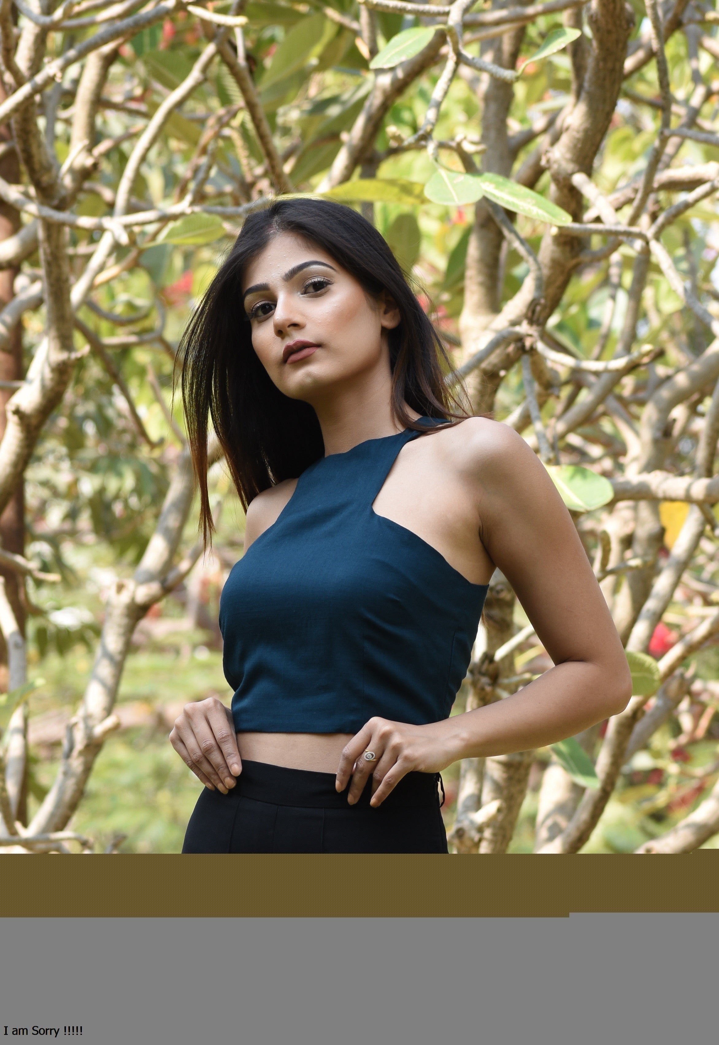 Teal Blue Asymmetric Neck Crop Top