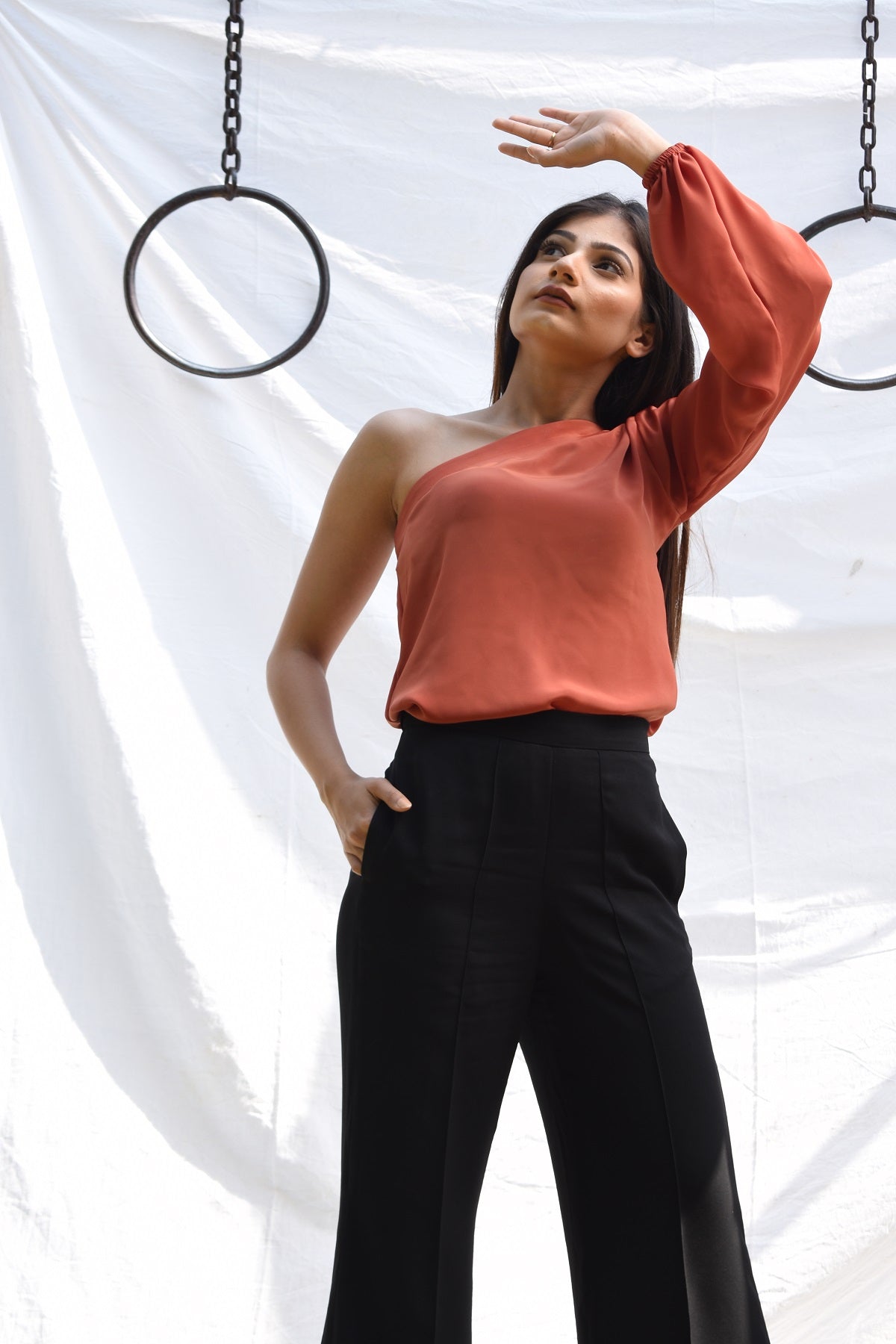 Orange Asymmetric One Sleeve Top