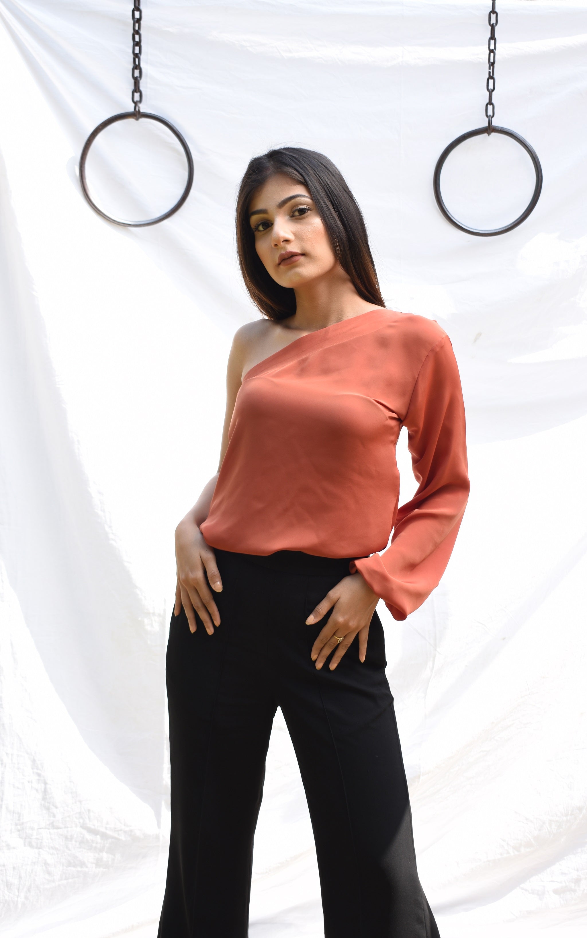 Orange Asymmetric One Sleeve Top
