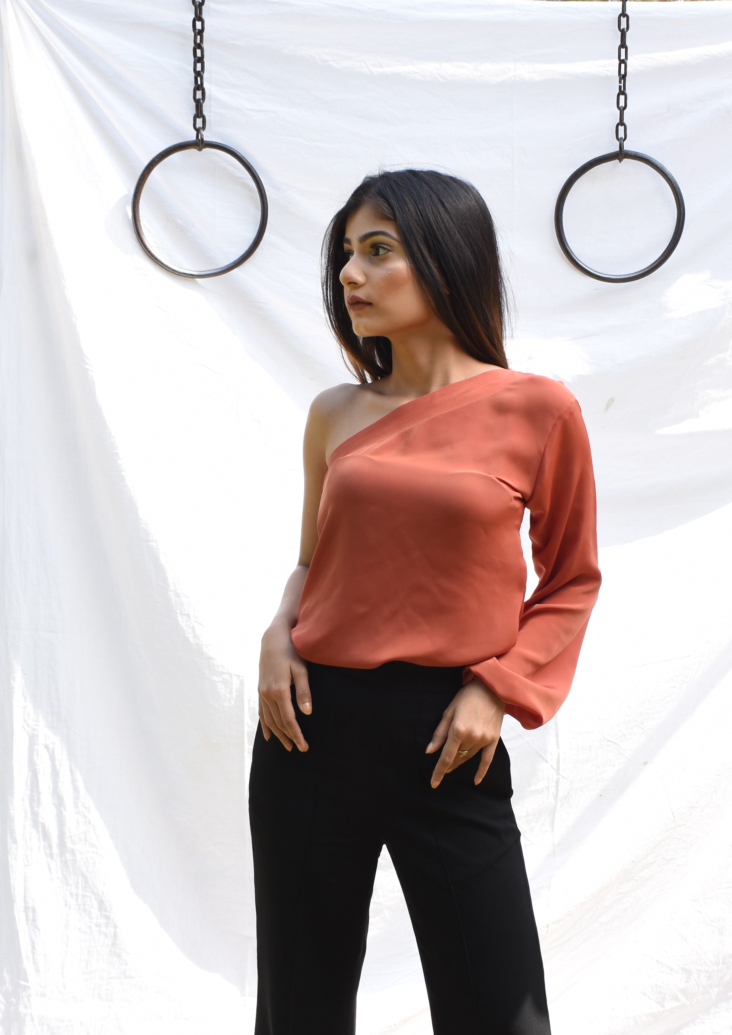 Orange Asymmetric One Sleeve Top