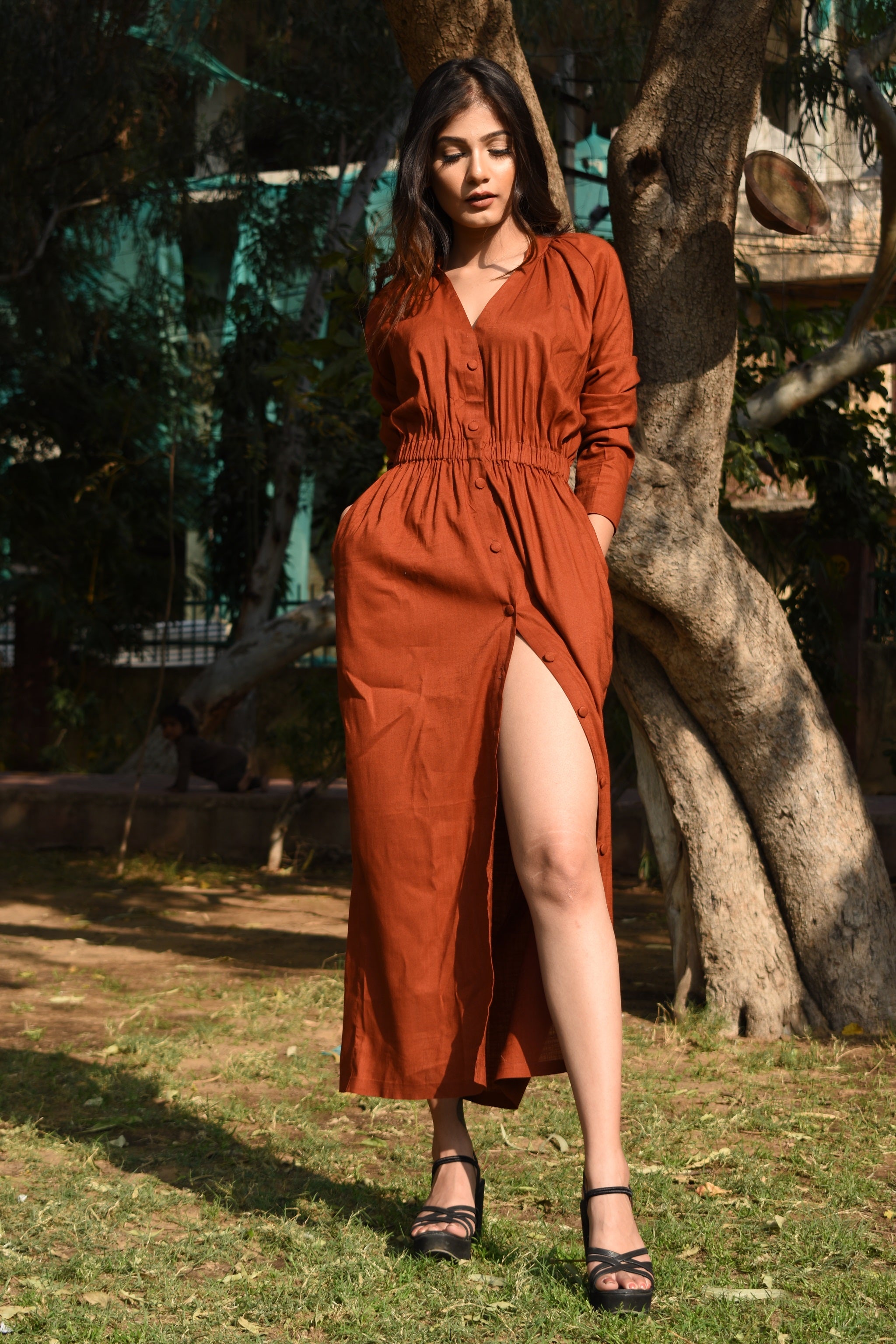 Brick Orange Elasticated Midi Dress