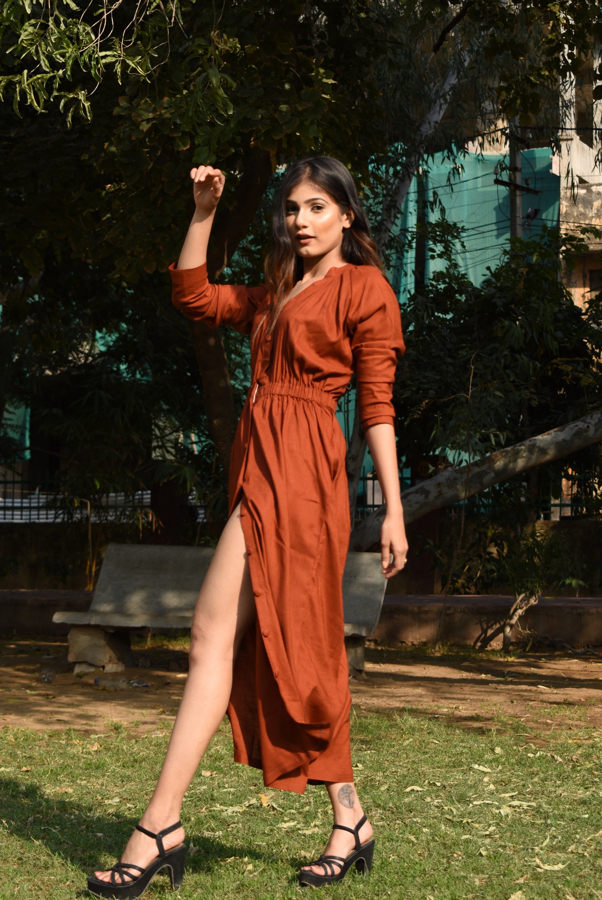 Brick Orange Elasticated Midi Dress