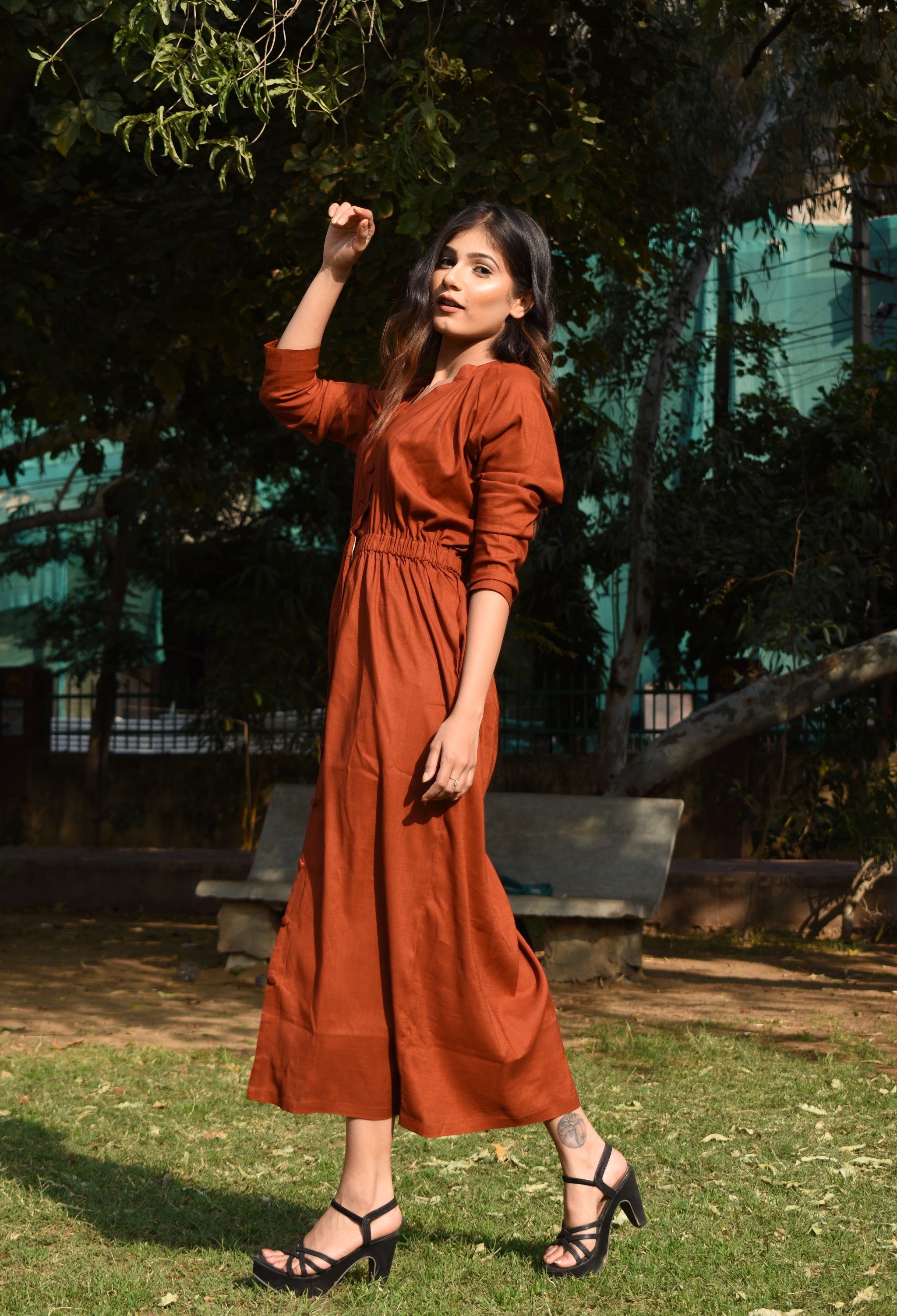 Brick Orange Elasticated Midi Dress