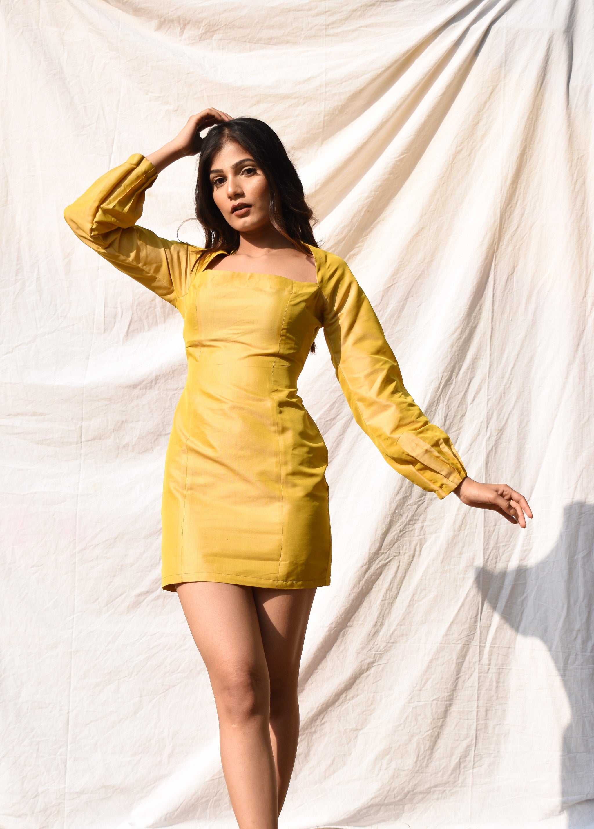 Mustard Yellow Queen Anne Neckline Mini Dress