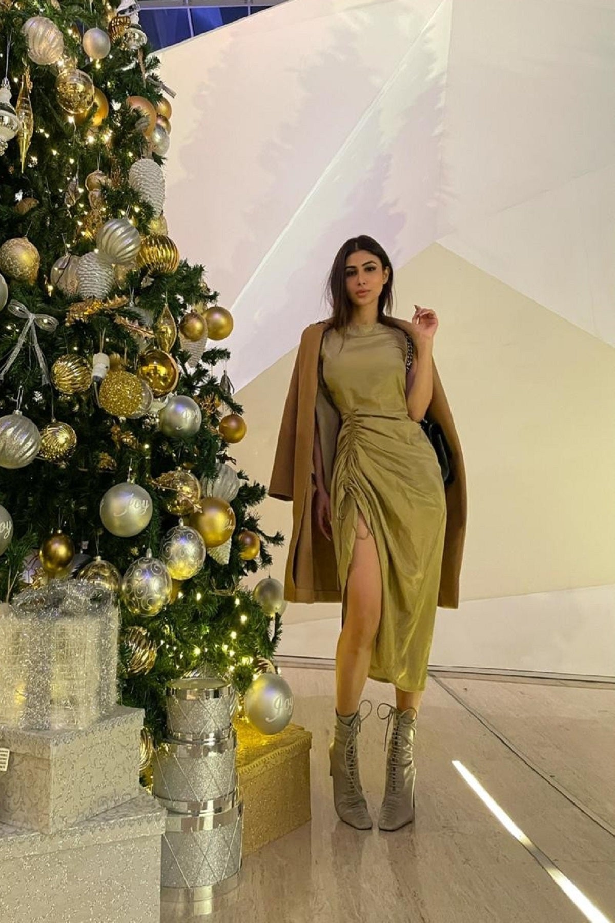 Mouni Roy - Olive One Sleeve Ruched Midi Dress