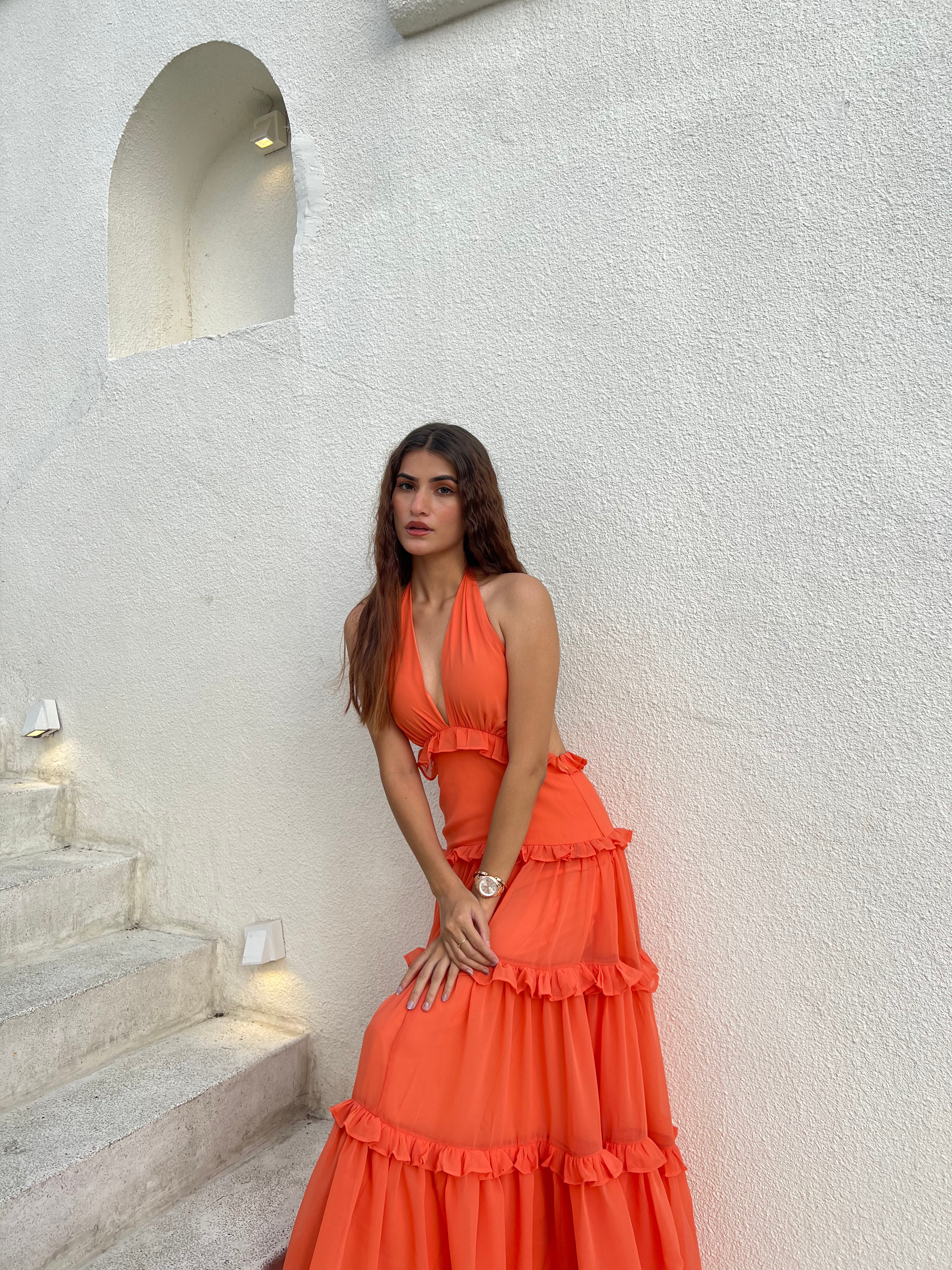 Orange Ruffled Detailed Maxi