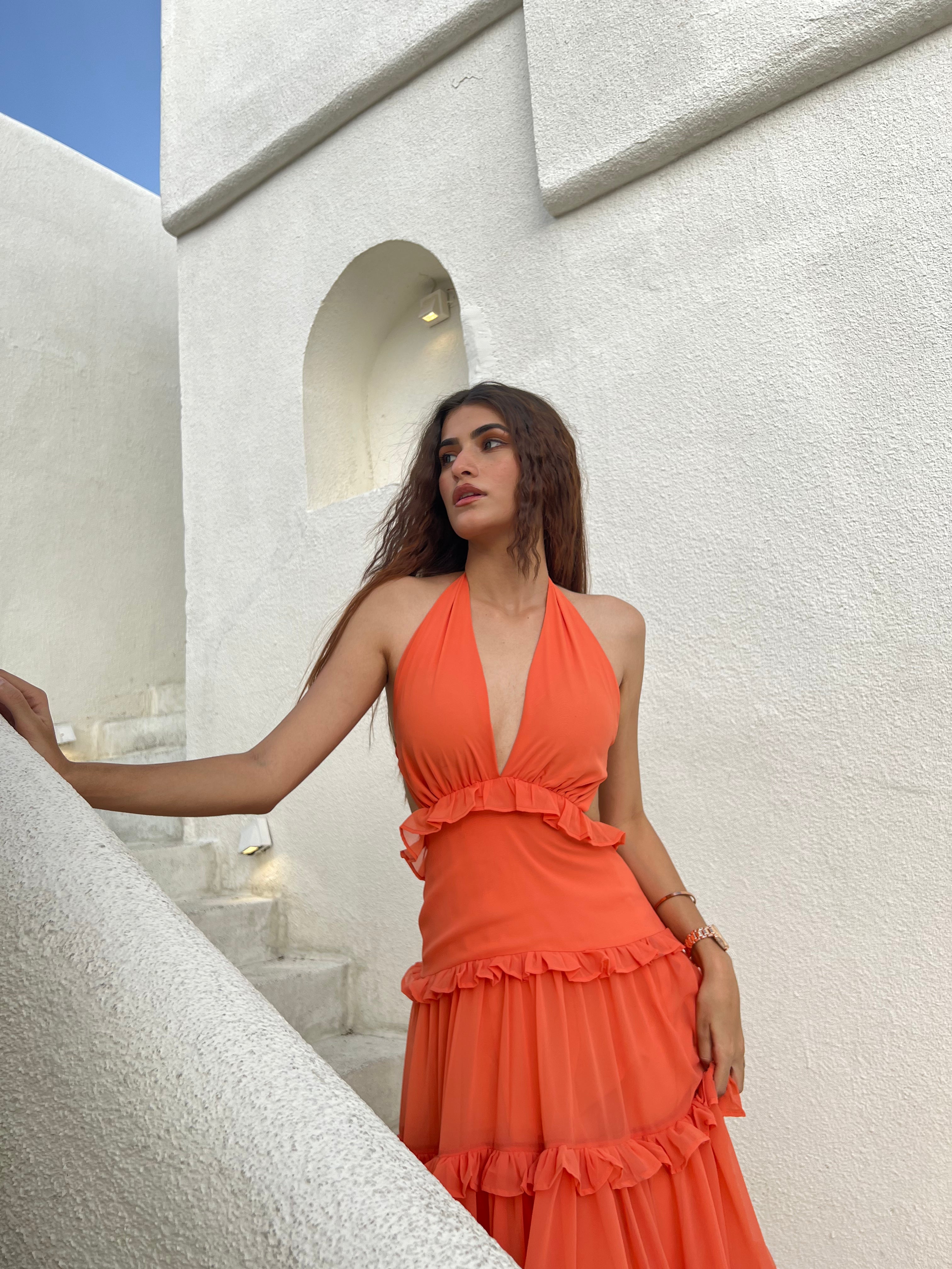 Orange Ruffled Detailed Maxi