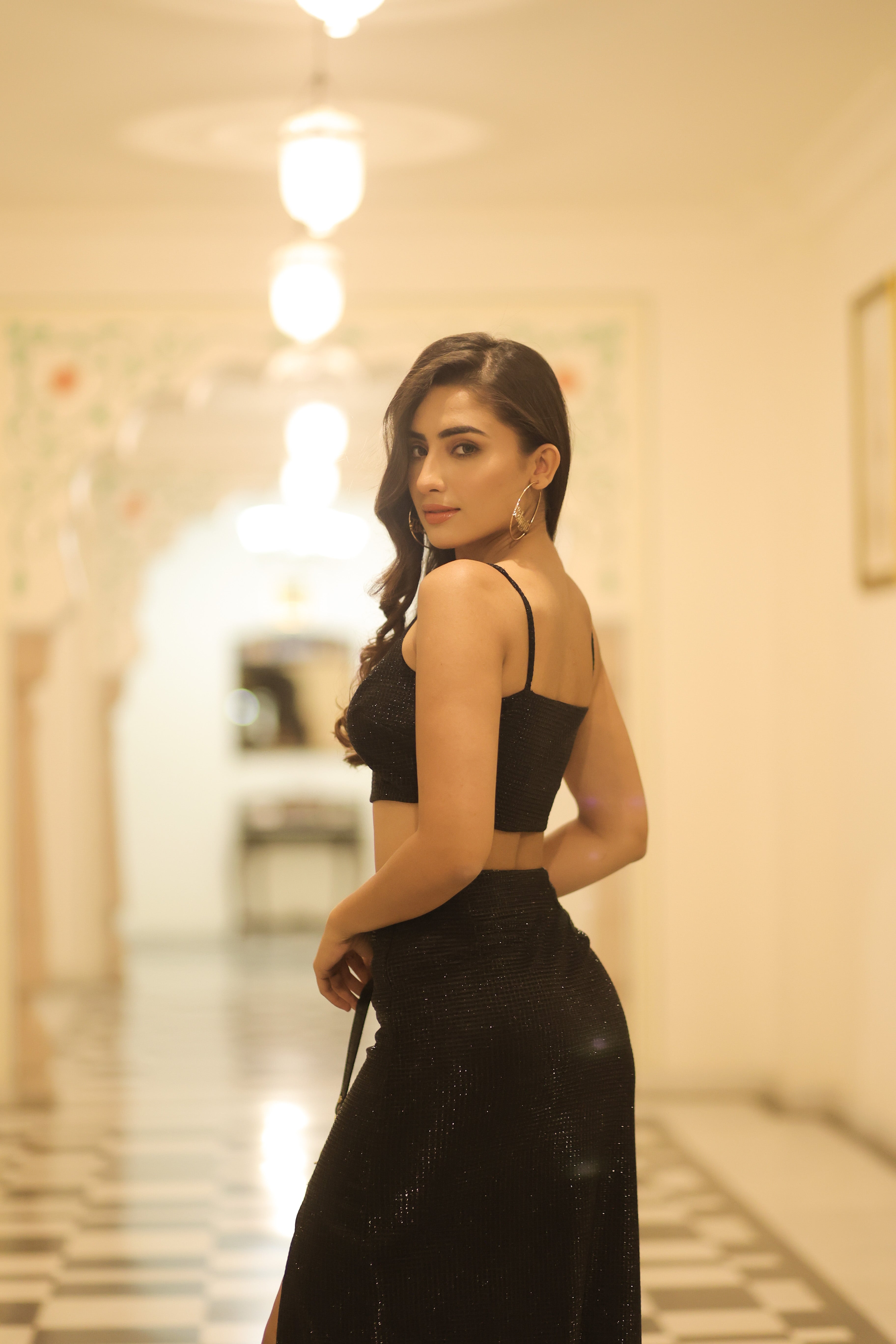 Black Glitter Crop Top and Skirt