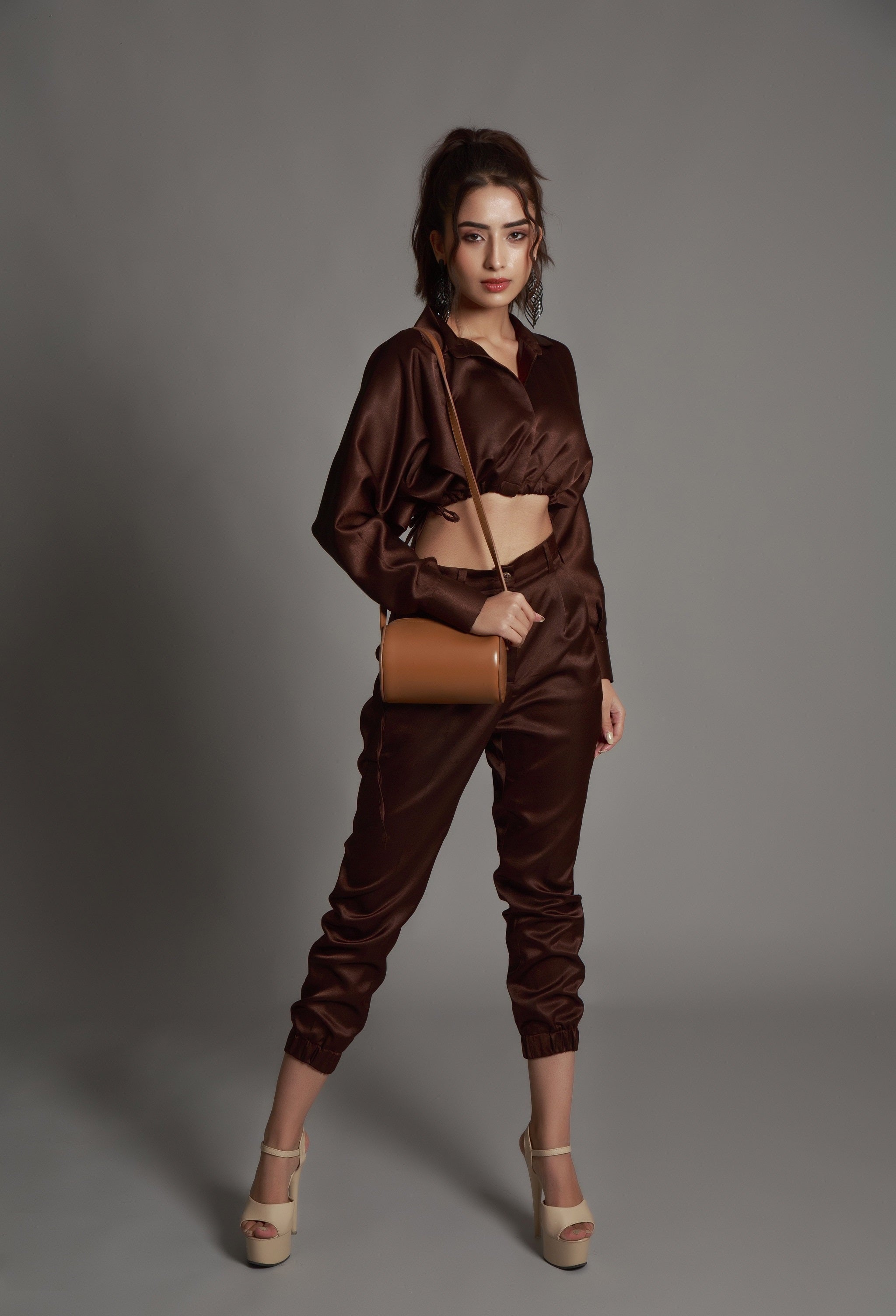 Umber Brown Crop Jacket Top With Joggers