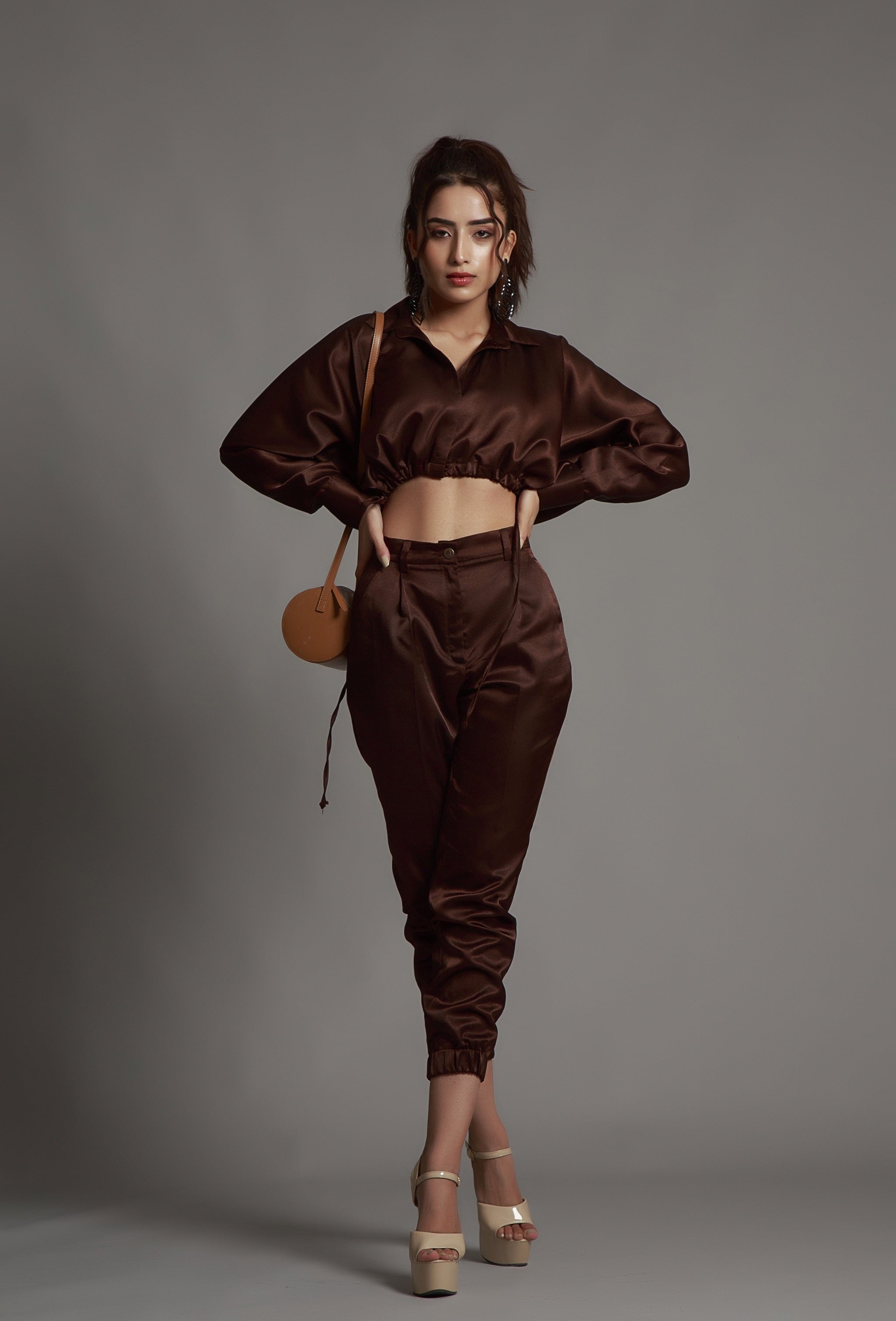 Umber Brown Crop Jacket Top With Joggers