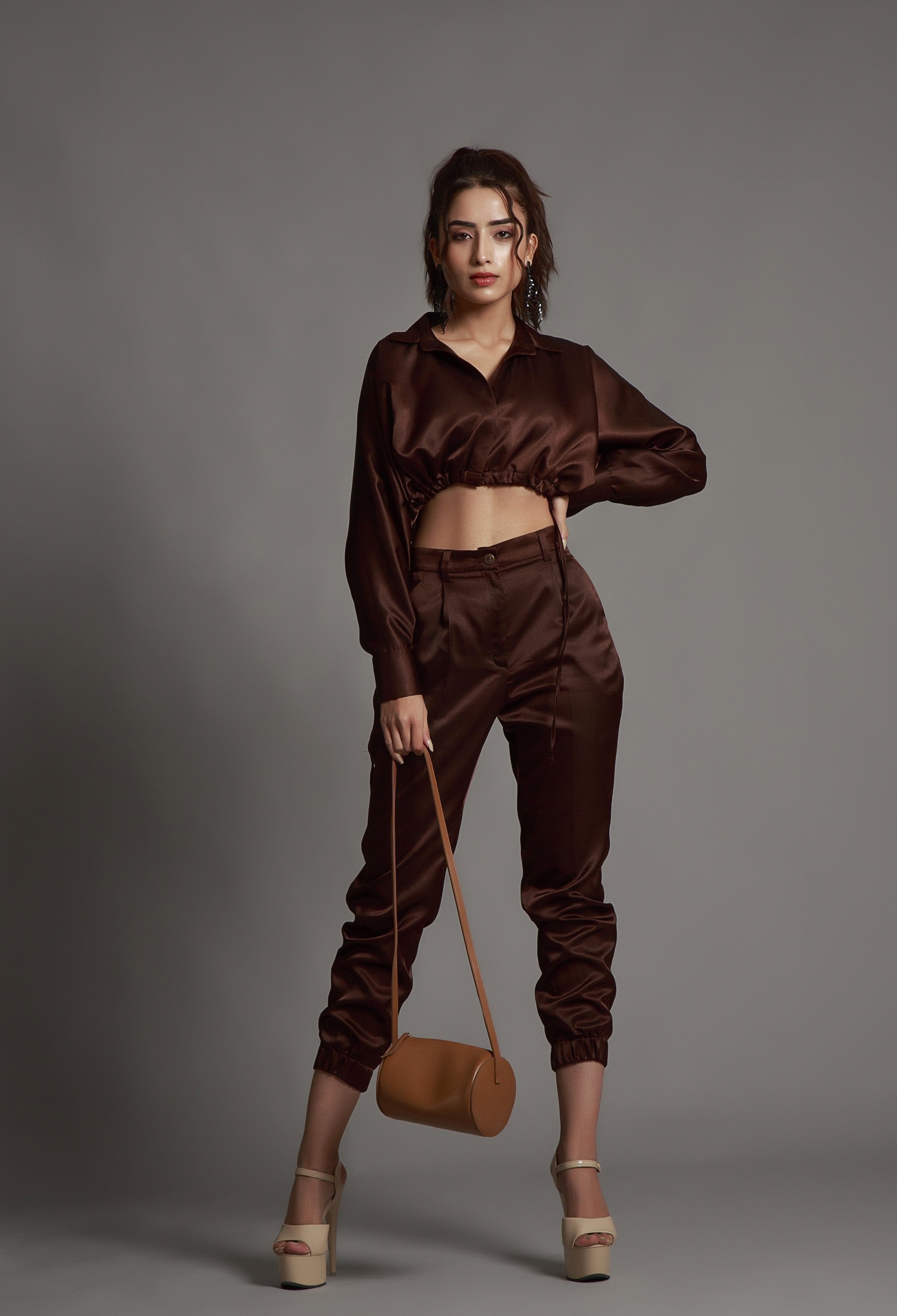Umber Brown Crop Jacket Top With Joggers