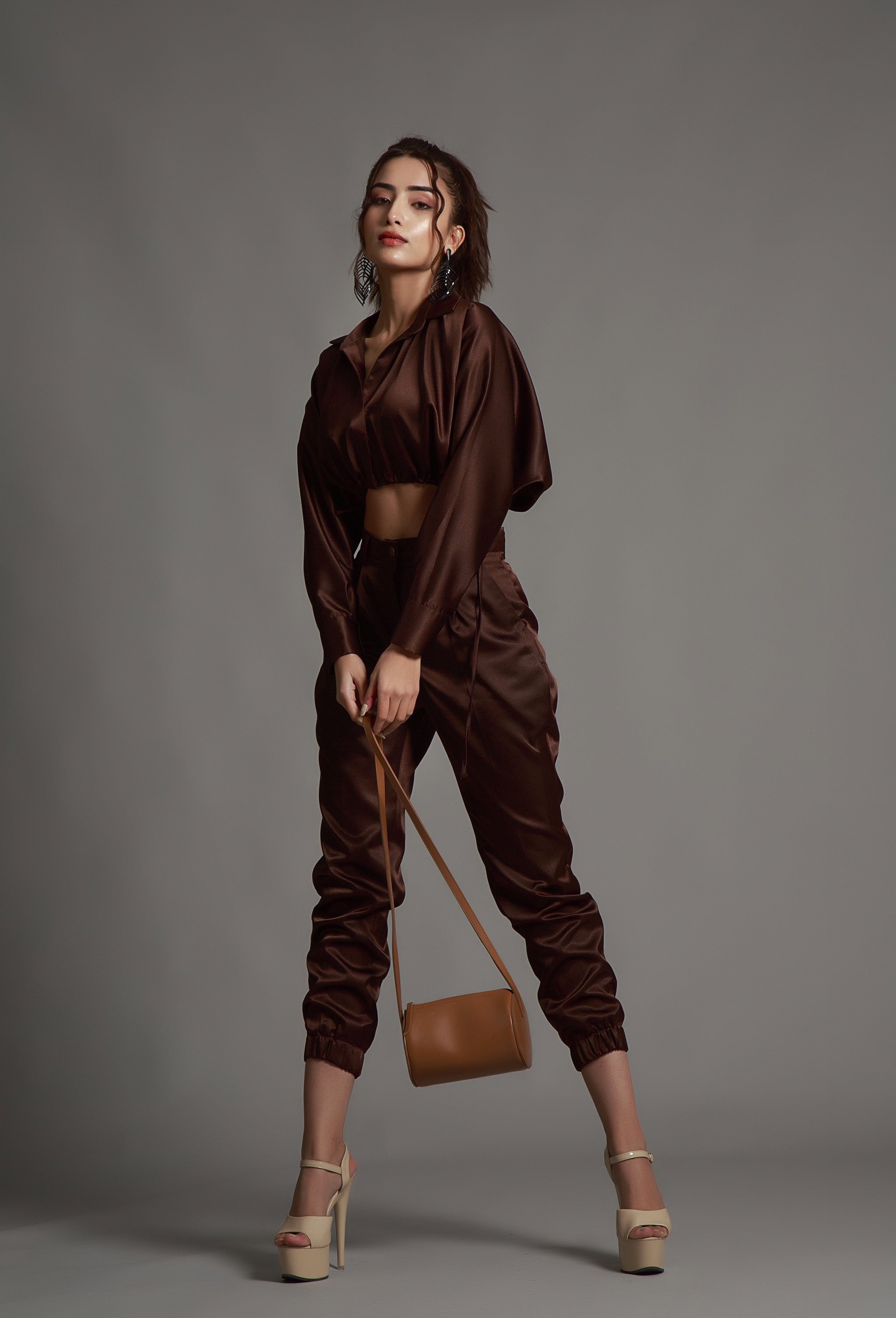 Umber Brown Crop Jacket Top With Joggers