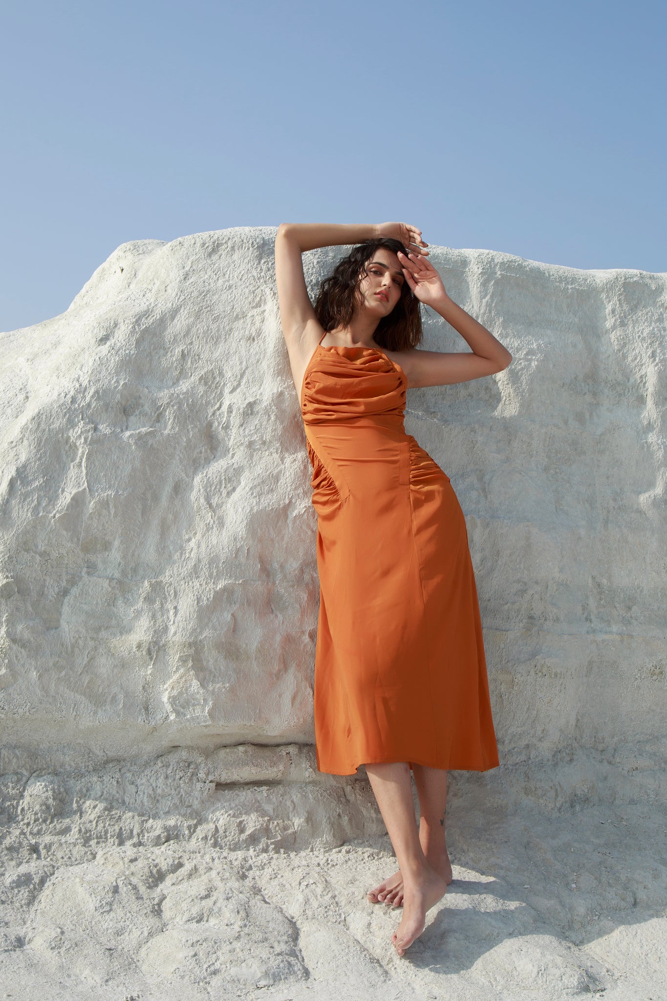Mustard Orange Ruched Midi Dress